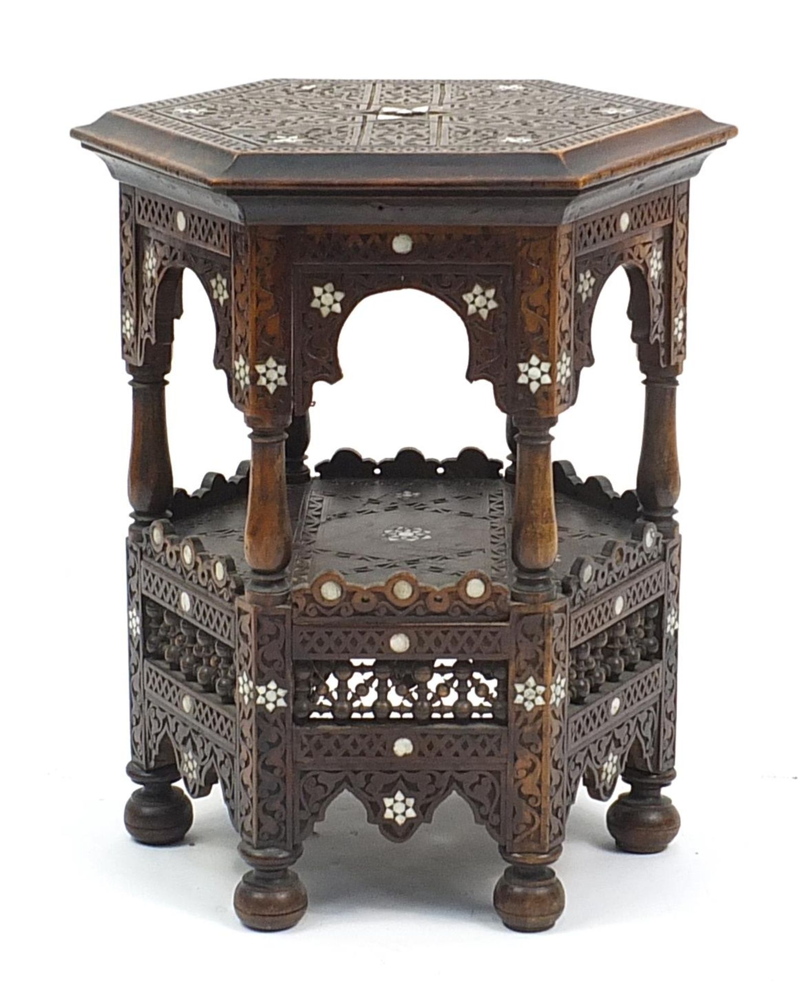 Manner of Liberty & Co, Moorish hexagonal occasional table with mother of pearl inlay, carved with - Image 3 of 3