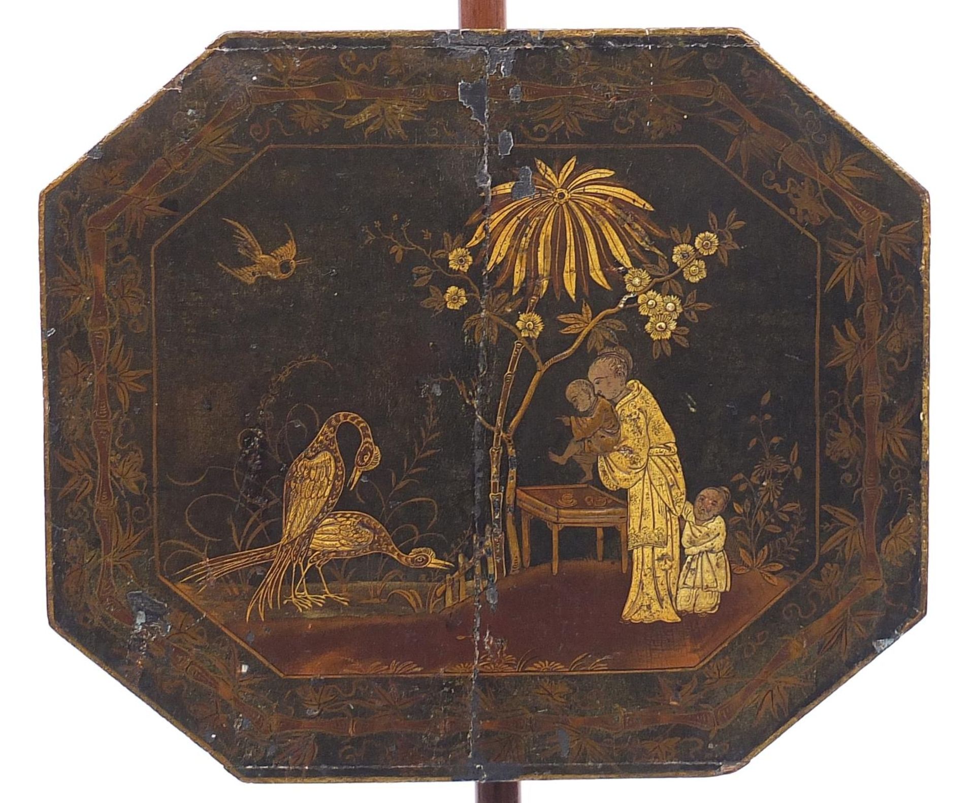 Regency mahogany pole screen decorated in the chinoiserie manner with figures and birds of paradise, - Image 3 of 5