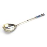 Silver and Champleve enamel spoon, impressed Russian marks, 14cm in length, 24.2g
