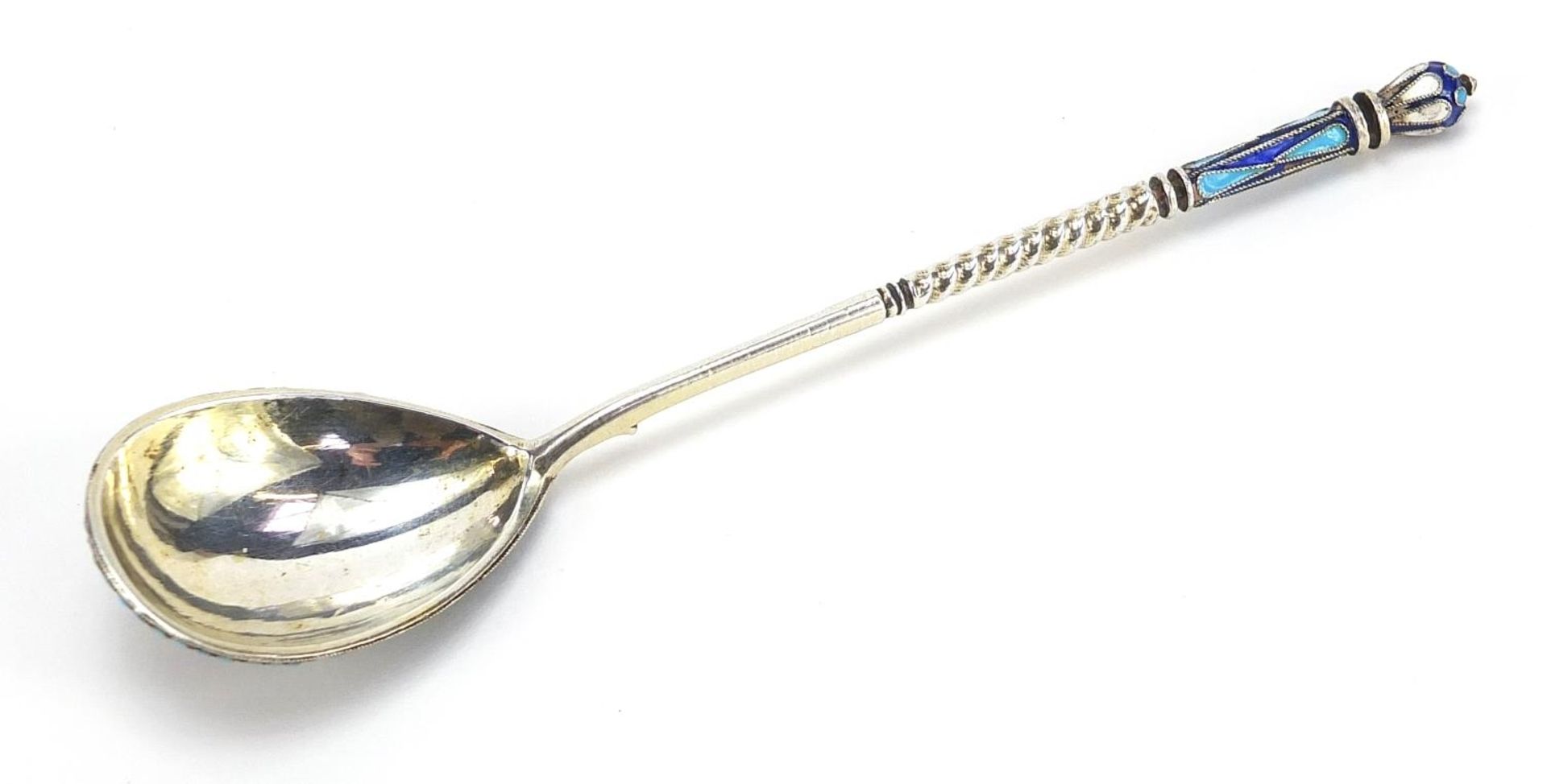 Silver and Champleve enamel spoon, impressed Russian marks, 14cm in length, 24.2g