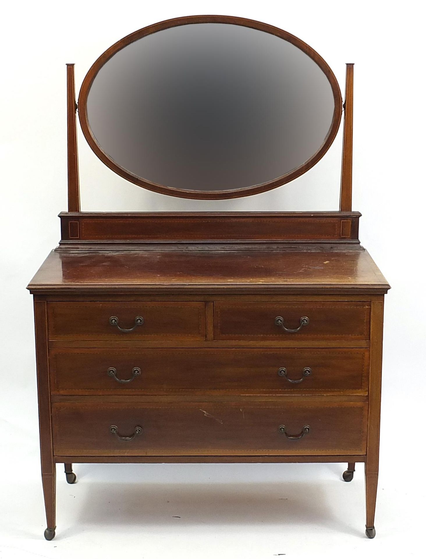 Edwardian inlaid mahogany dressing table with mirrored back and four drawers, 160cm H x 107cm W x - Image 2 of 3