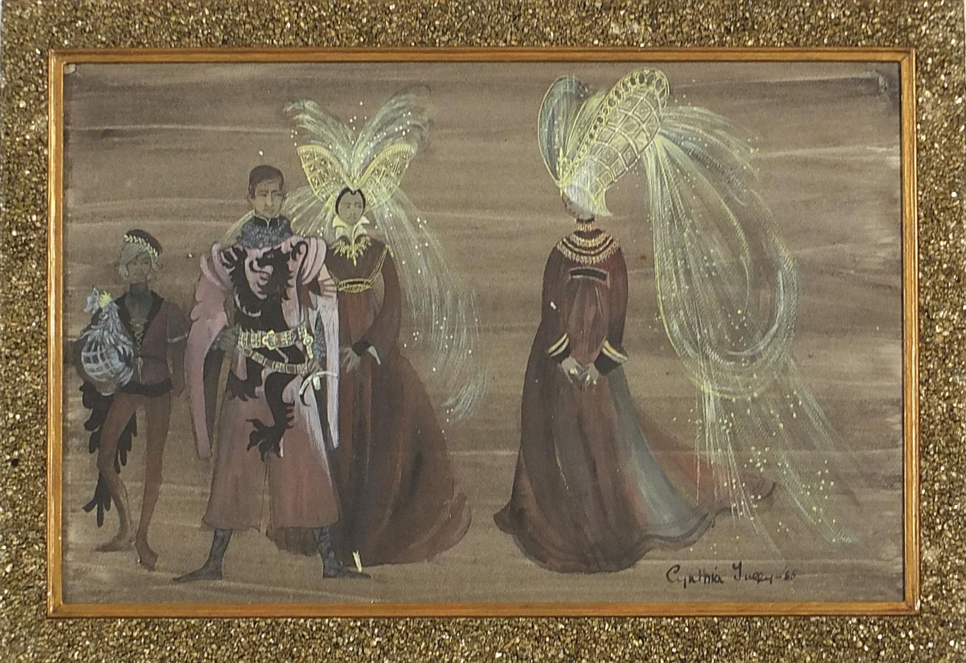 Cynthia Jaigey? - Figures in costume, pair of mixed medias, mounted, framed and glazed, each 54cm - Image 3 of 8