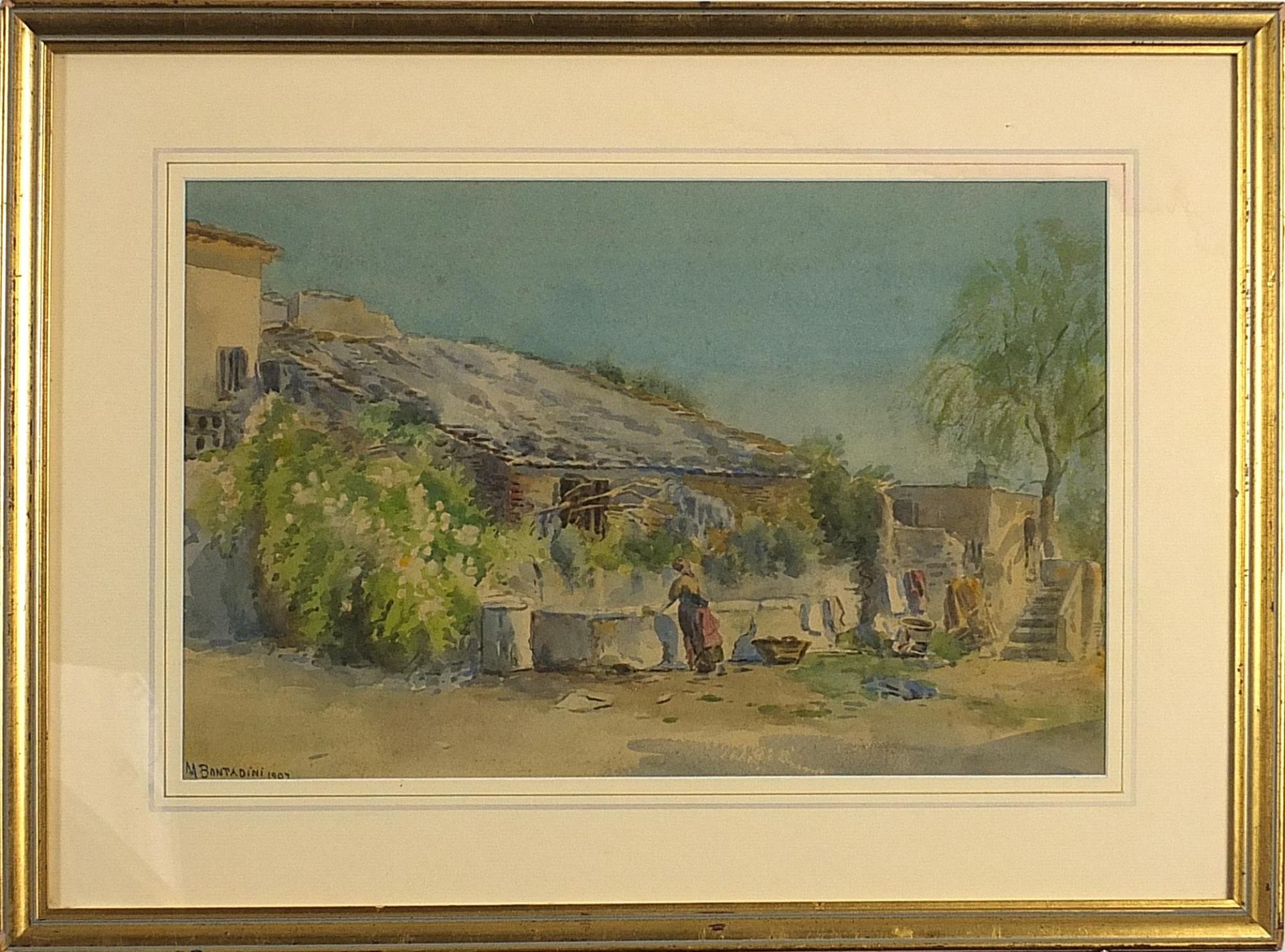 M Bantandini 1907 - Village scene with figures, Middle Eastern watercolour, mounted, framed and - Image 2 of 4
