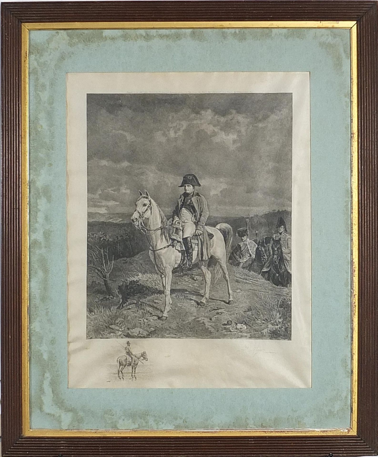 Napoleon on horseback and battle scene, two prints, one pencil signed, each mounted, framed and - Image 3 of 8