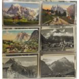 Collection of continental topographical postcards arranged in an album, some black and white