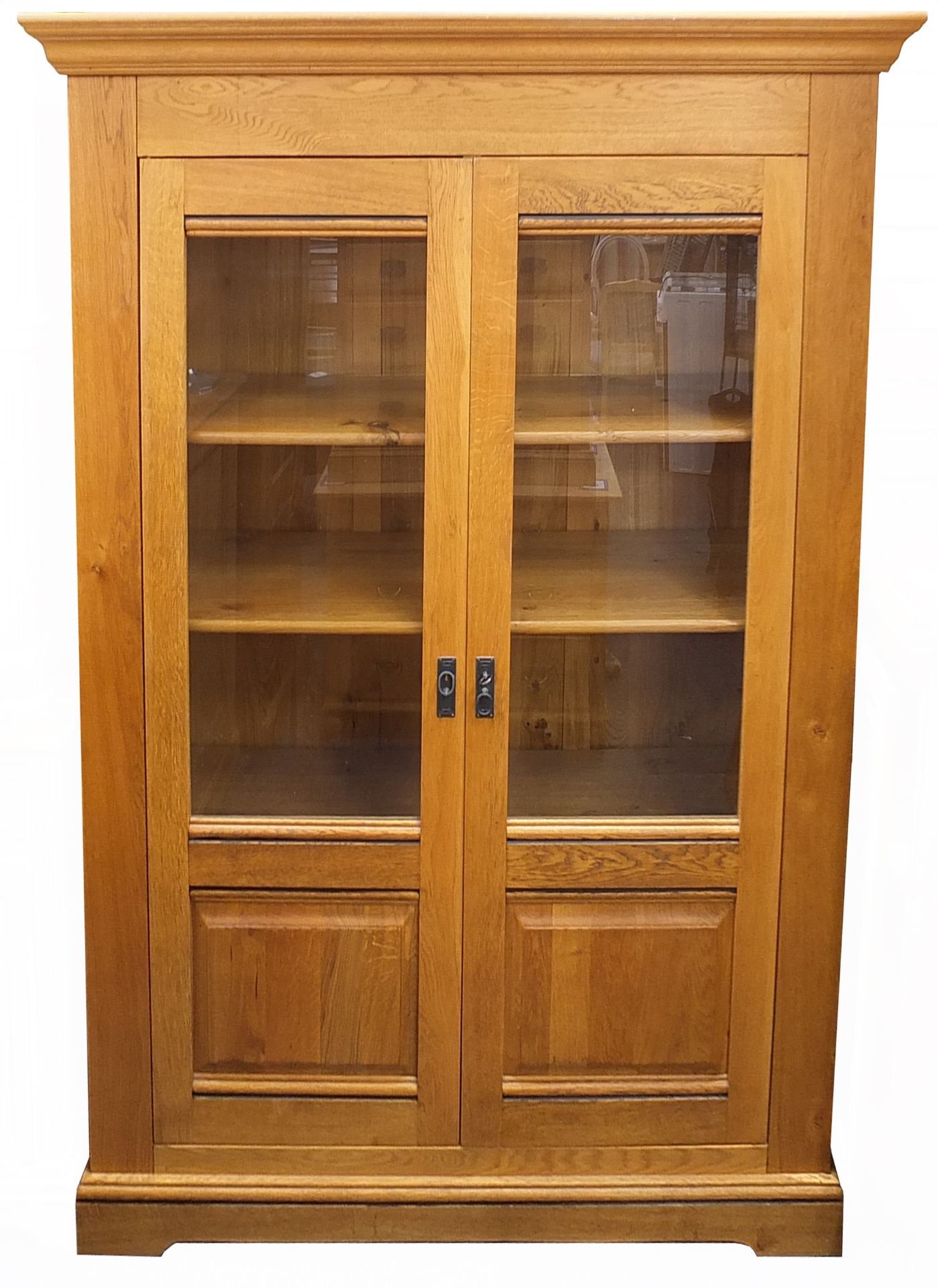 Large contemporary light oak two door bookcase, 199cm H x 151cm W x 50cm D