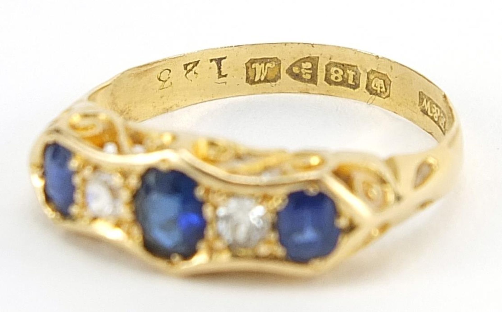 Victorian 18ct gold sapphire and diamond five stone ring, size N, 2.9g - Bild 3 aus 4