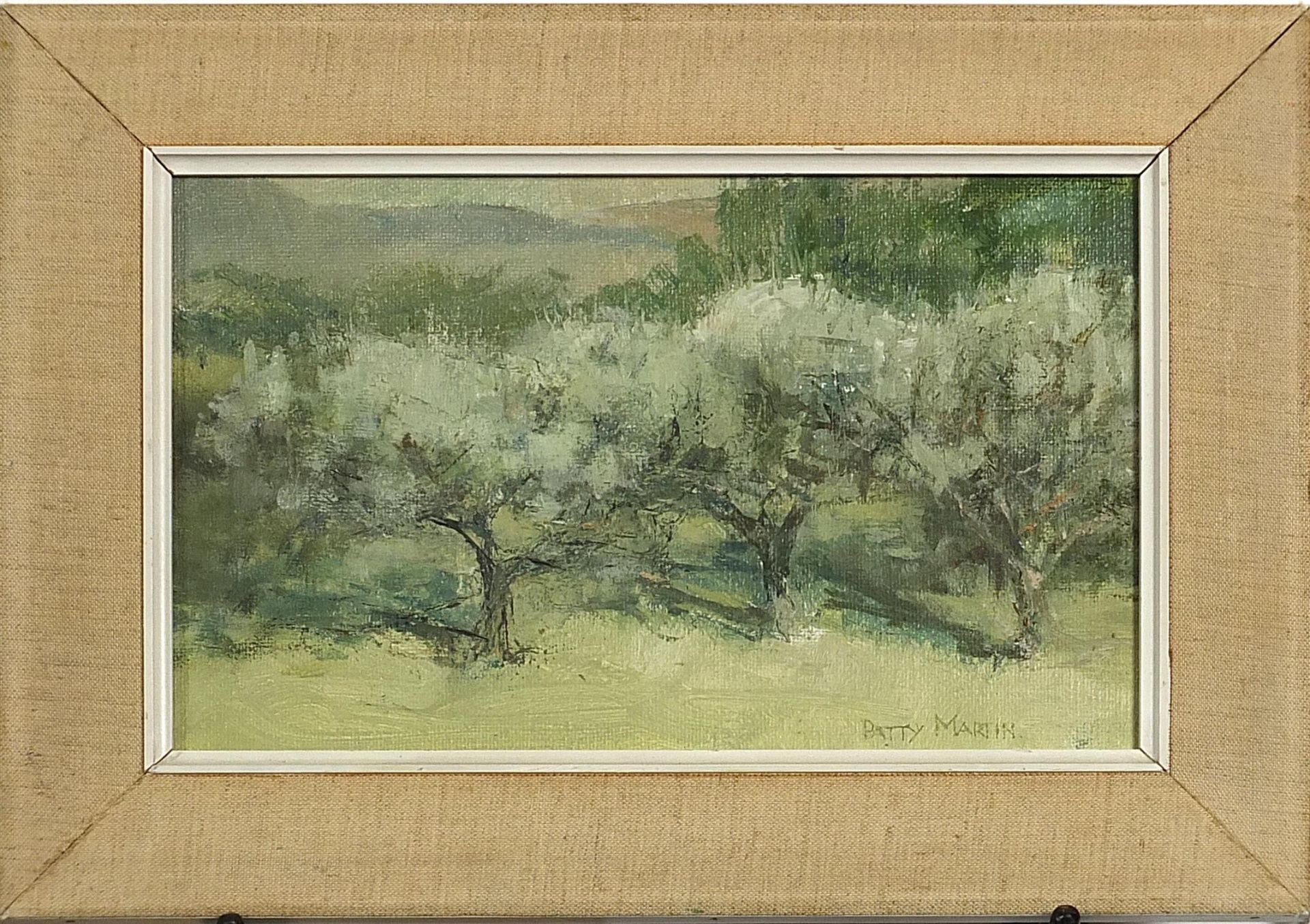Patty Martin - Apple trees, oil on canvas board, details verso, mounted and framed, 28cm x 17cm - Image 2 of 4