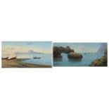 Moored boats and rocky coastal scene, two Italian gouaches, each mounted, framed and glazed, the