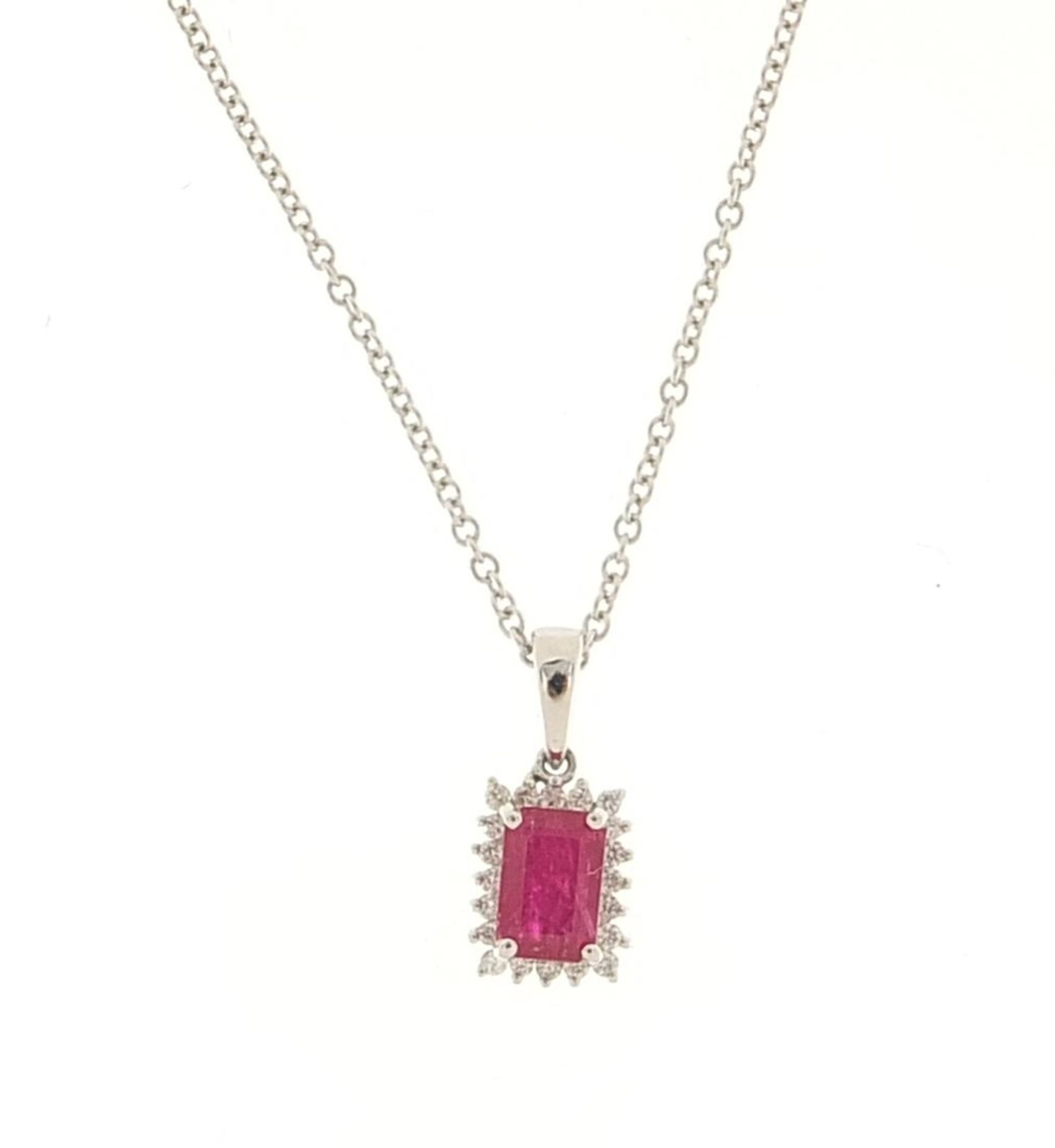9ct white gold ruby and diamond cluster pendant on a 9ct white gold necklace, 1.5cm high and 42cm in