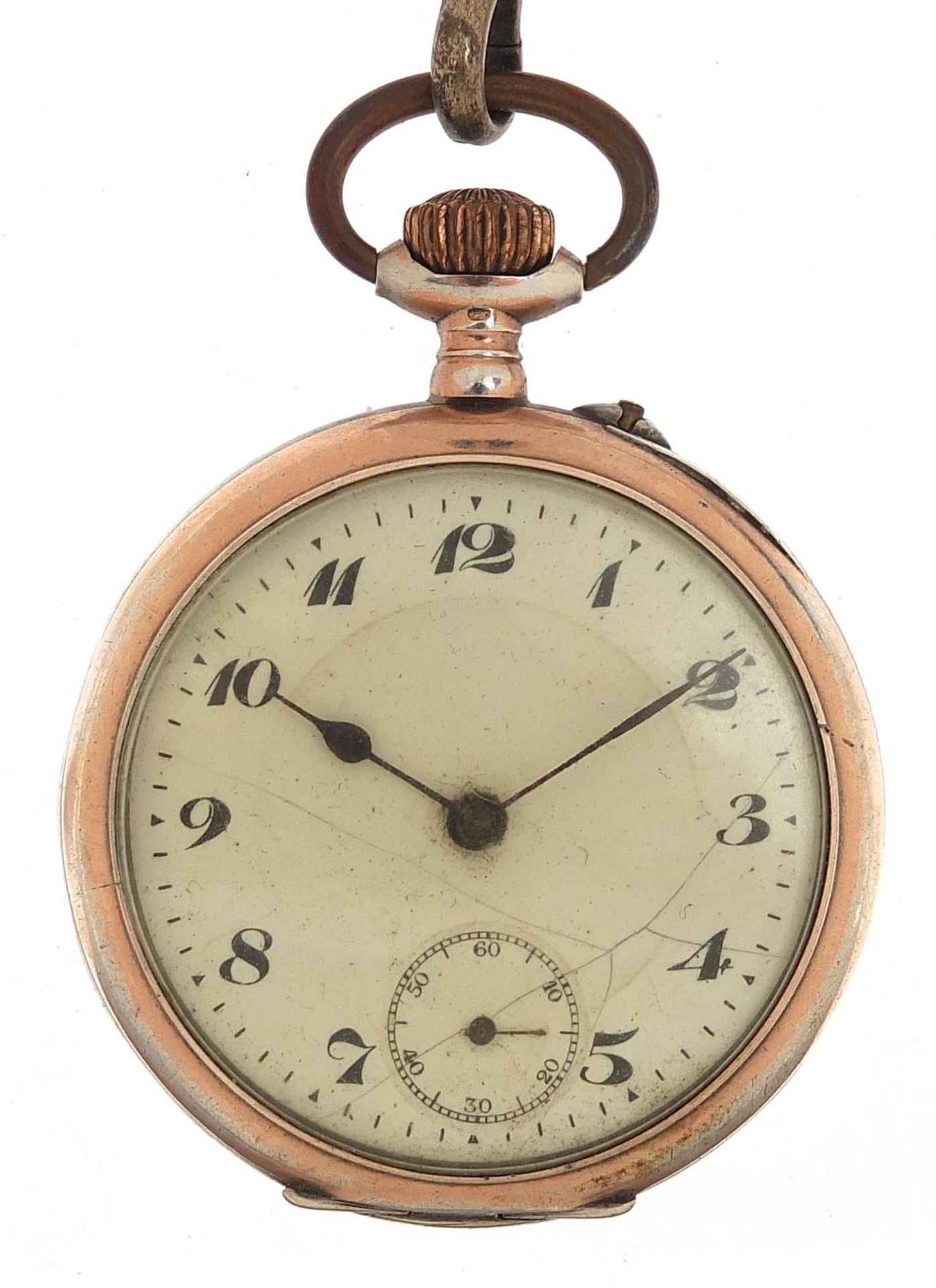 Silver open face pocket watch with subsidiary dial on graduated silver coloured metal watch chain,