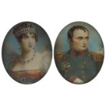 Pair of oval hand painted miniatures housed in jewelled brass frames, signed Roy and Reme, each
