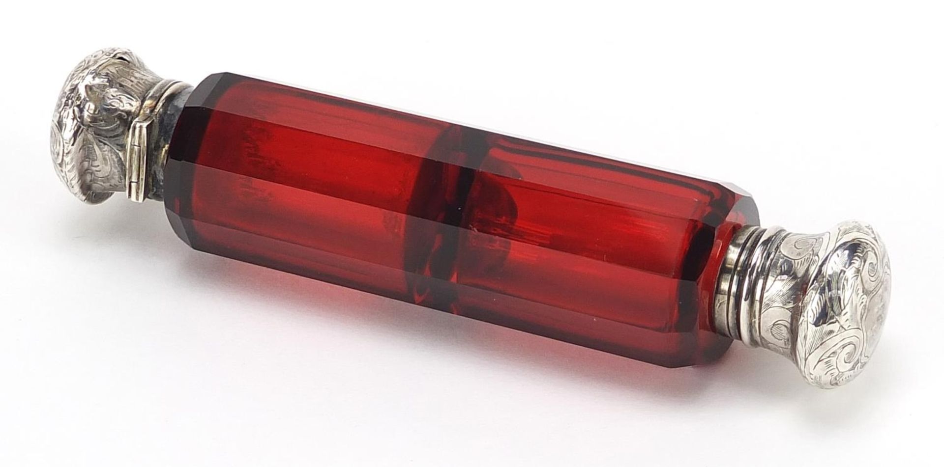 Victorian unmarked silver ruby glass double ended scent bottle, 12.5cm in length - Image 2 of 2
