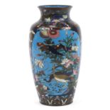 Large Japanese cloisonne vase enamelled with birds of paradise amongst flowers, 34cm high