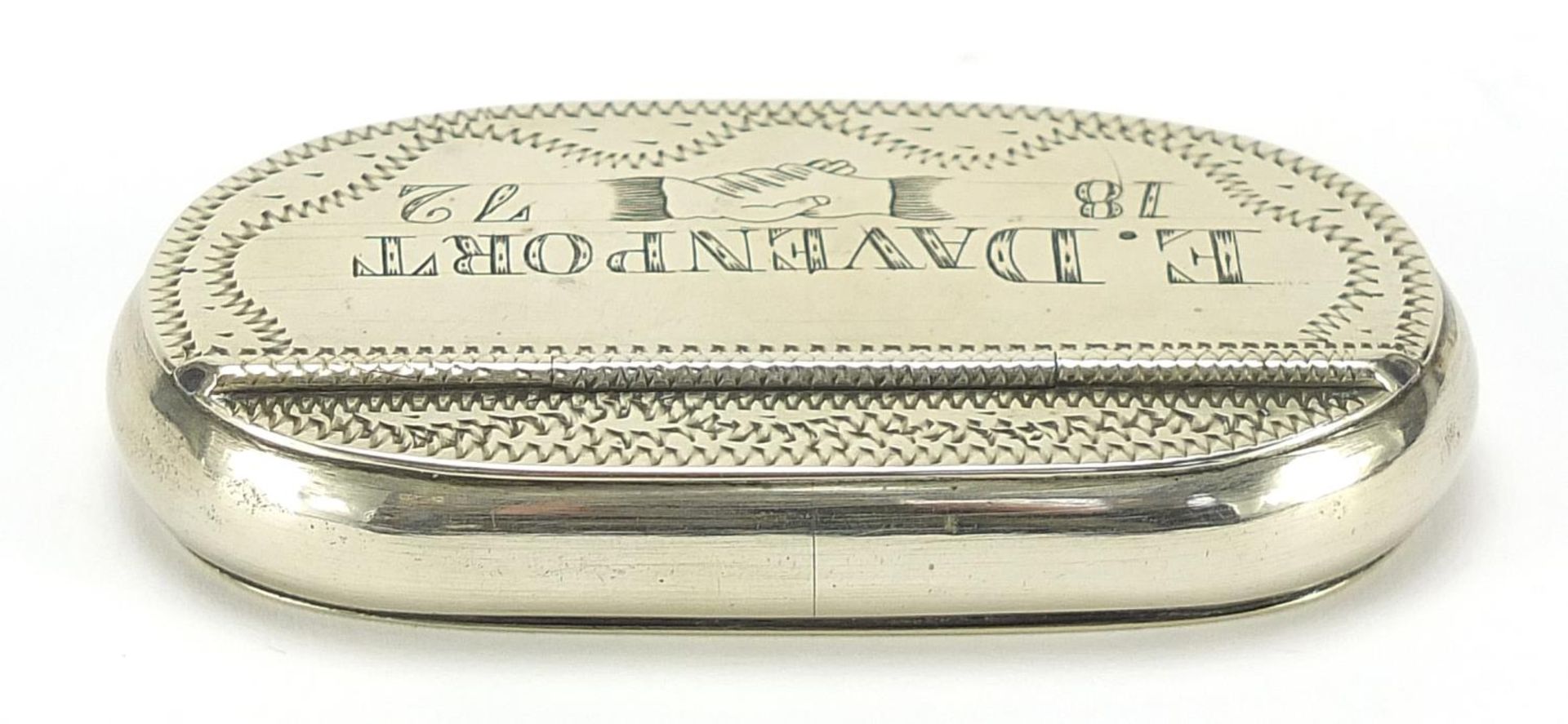 Victorian white metal snuff box engraved E Davenport 1872, 8cm wide - Image 2 of 3