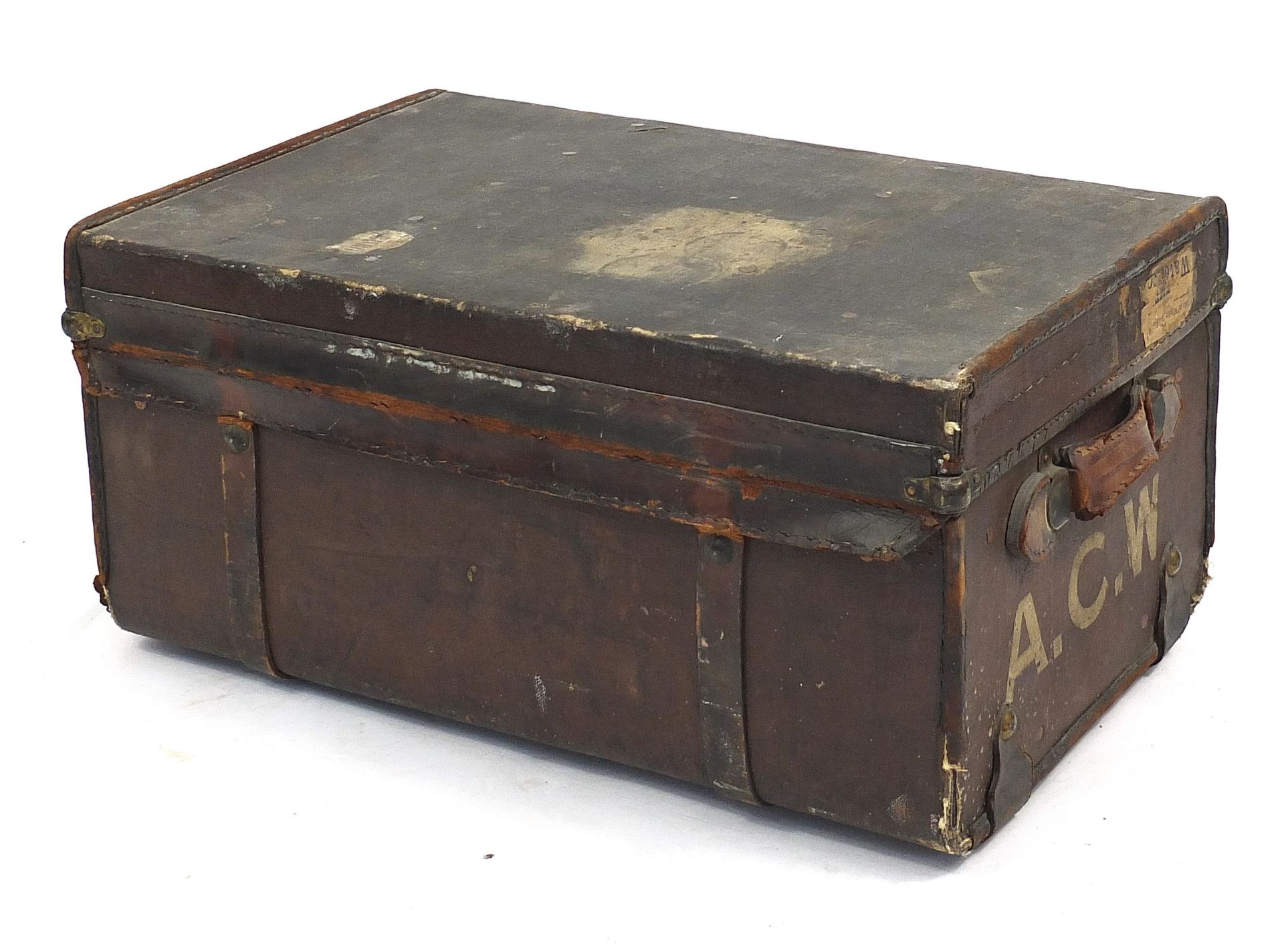 Drew & Sons, vintage brown leather trunk with remnants of shipping labels and initials A.C.W, 34.5c - Image 4 of 7