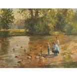 David Green - Feeding the ducks, oil on board, At the Mall Galleries Exhibition label verso, mounted