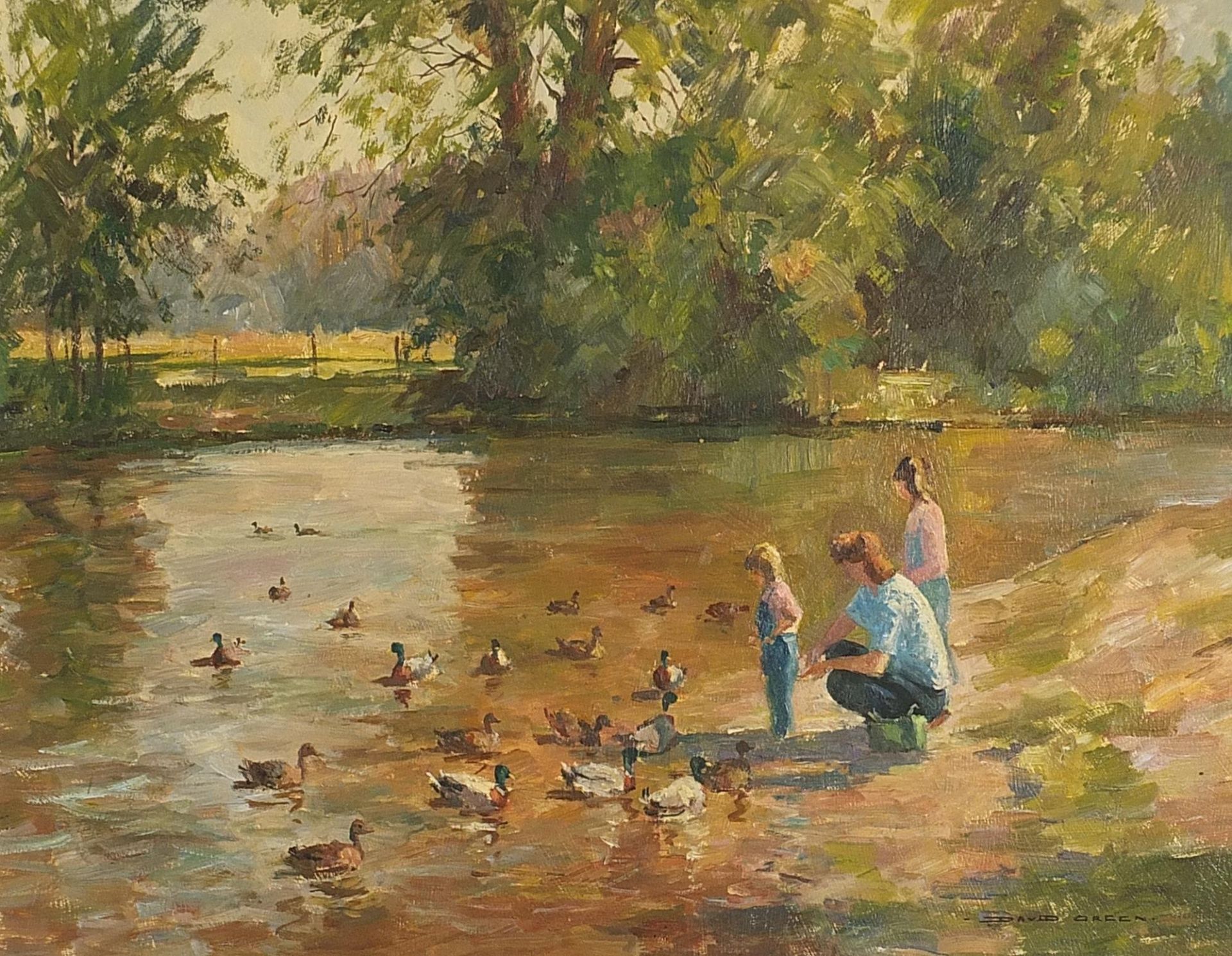 David Green - Feeding the ducks, oil on board, At the Mall Galleries Exhibition label verso, mounted