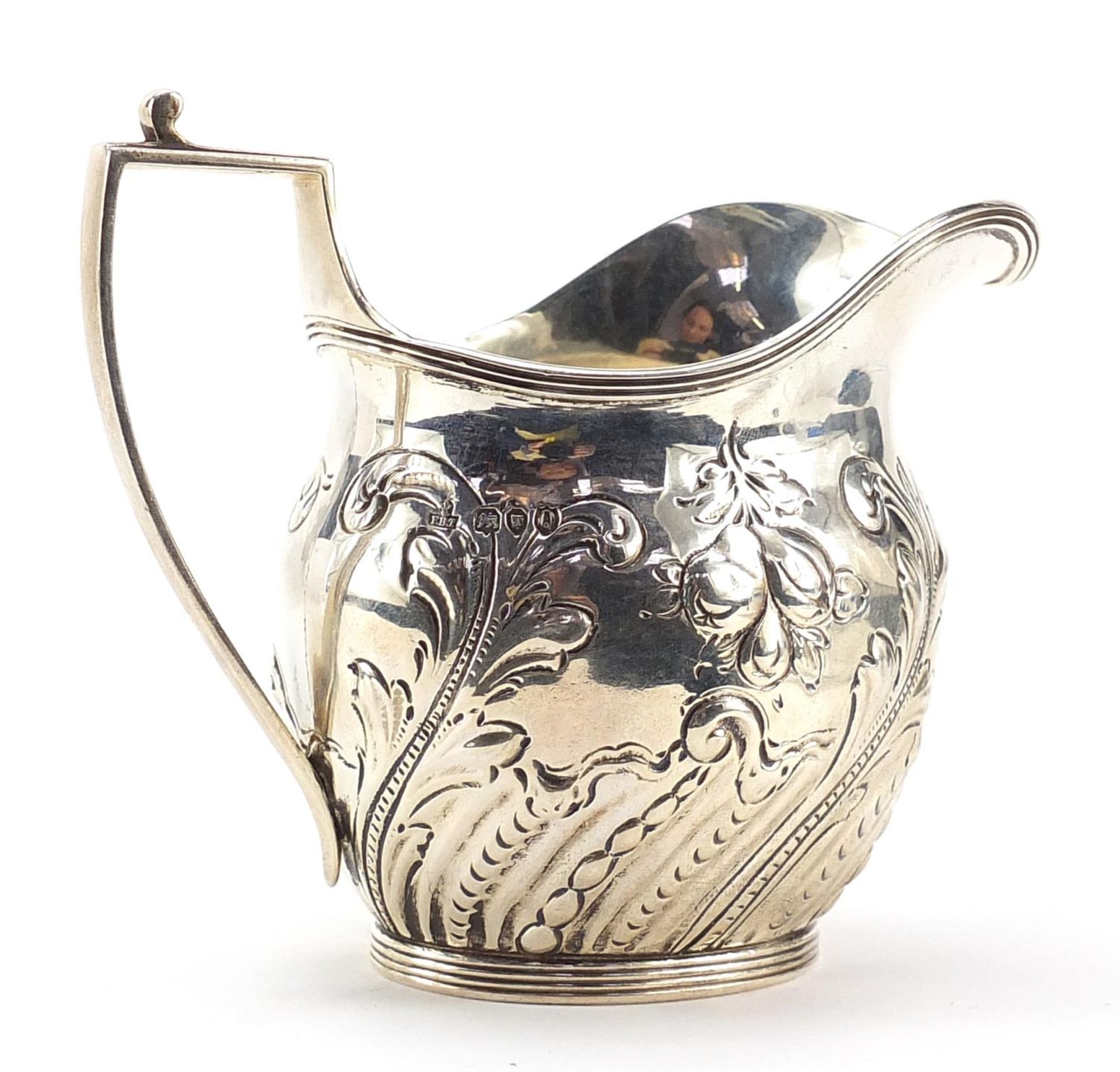 F B Thomas & Co, Victorian silver cream jug embossed with fruit and foliage, London 1891, 10cm high, - Bild 2 aus 5