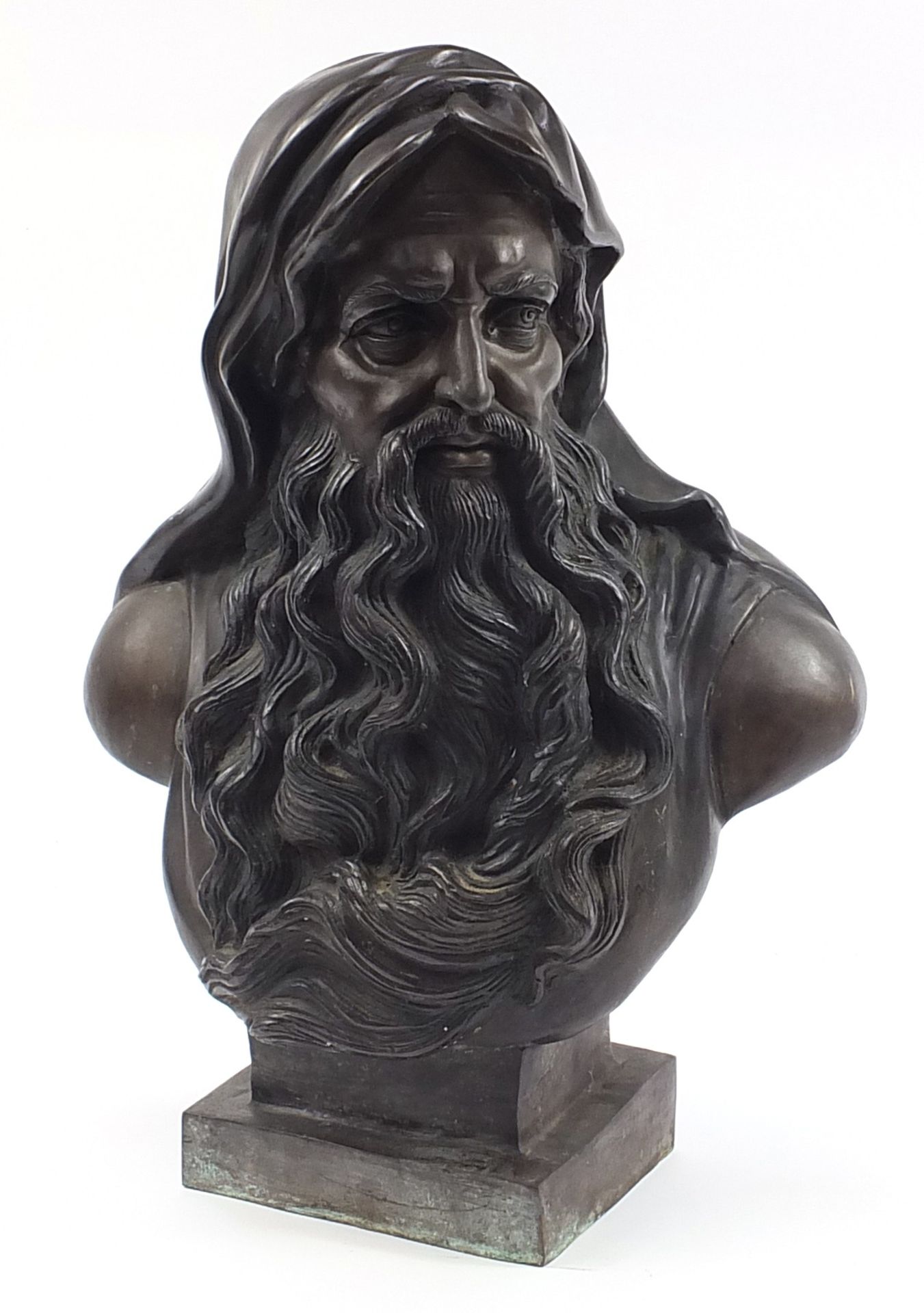 Large patinated spelter bust of a bearded Arab, 73cm high
