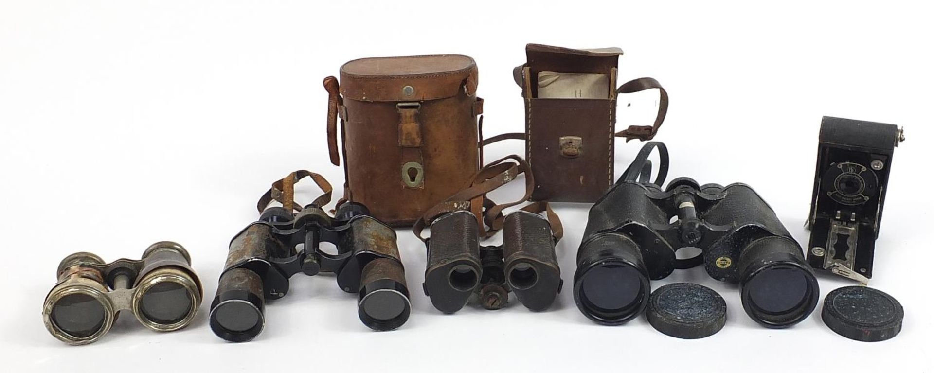 Collection of vintage and later binoculars, opera glasses and a Kodak West Pocket model B folding