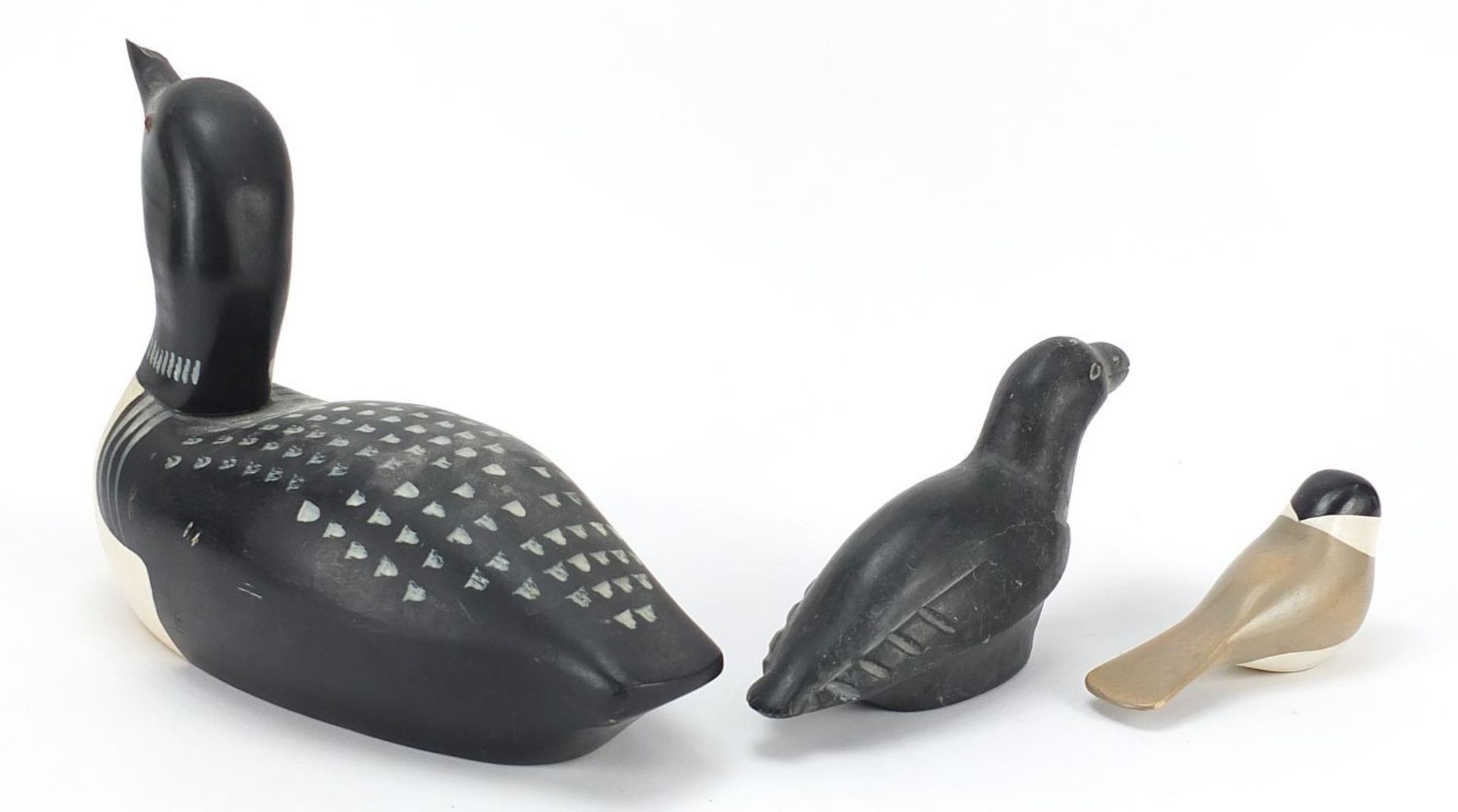 Two Canadian carved wood duck decoys and an Inuit carved stone duck, the largest 33.5cm in length - Image 2 of 5