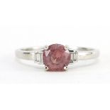 18ct white gold pink sapphire ring with diamond set shoulders, size Q/R, 2.8g