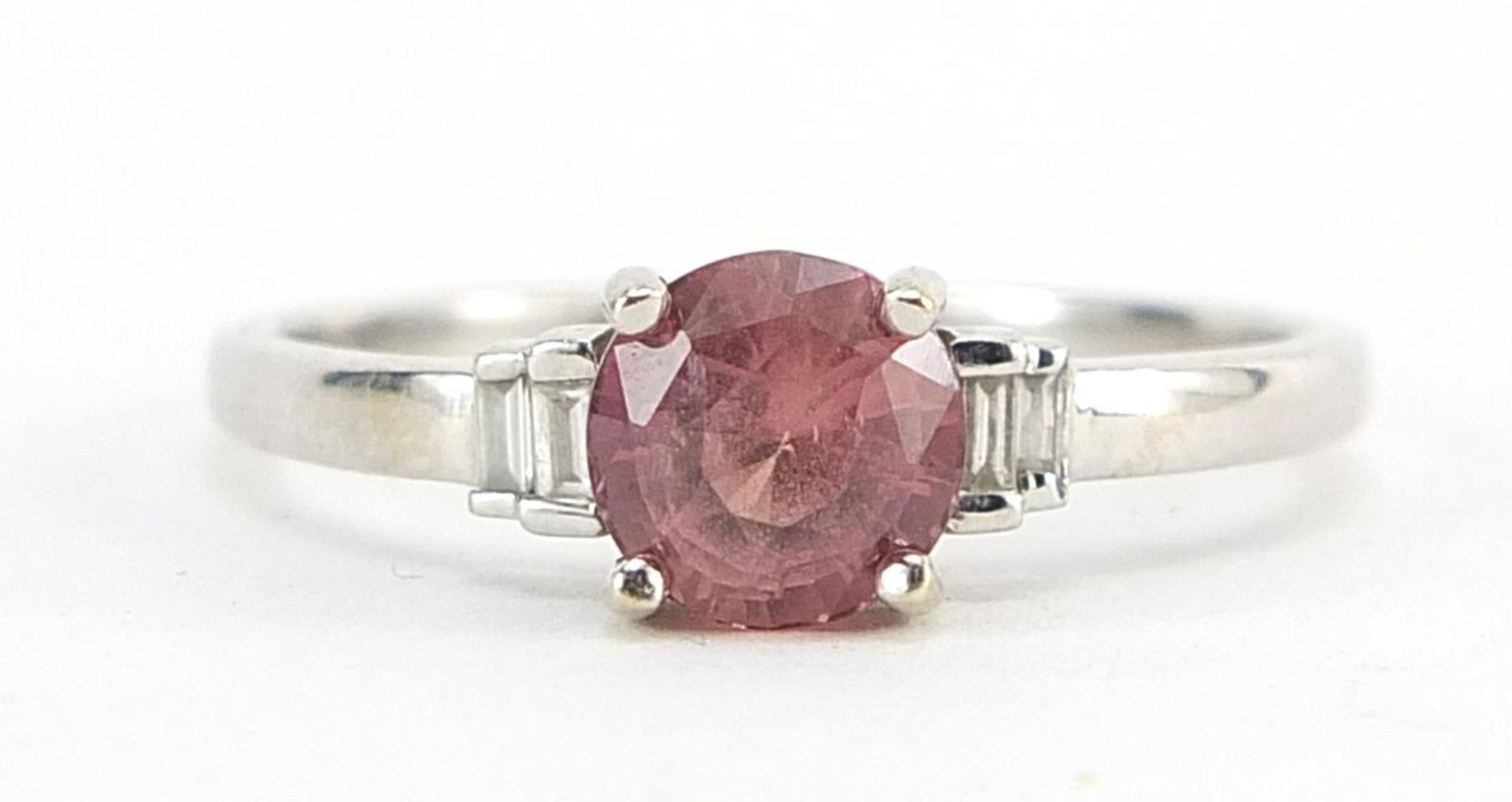 18ct white gold pink sapphire ring with diamond set shoulders, size Q/R, 2.8g