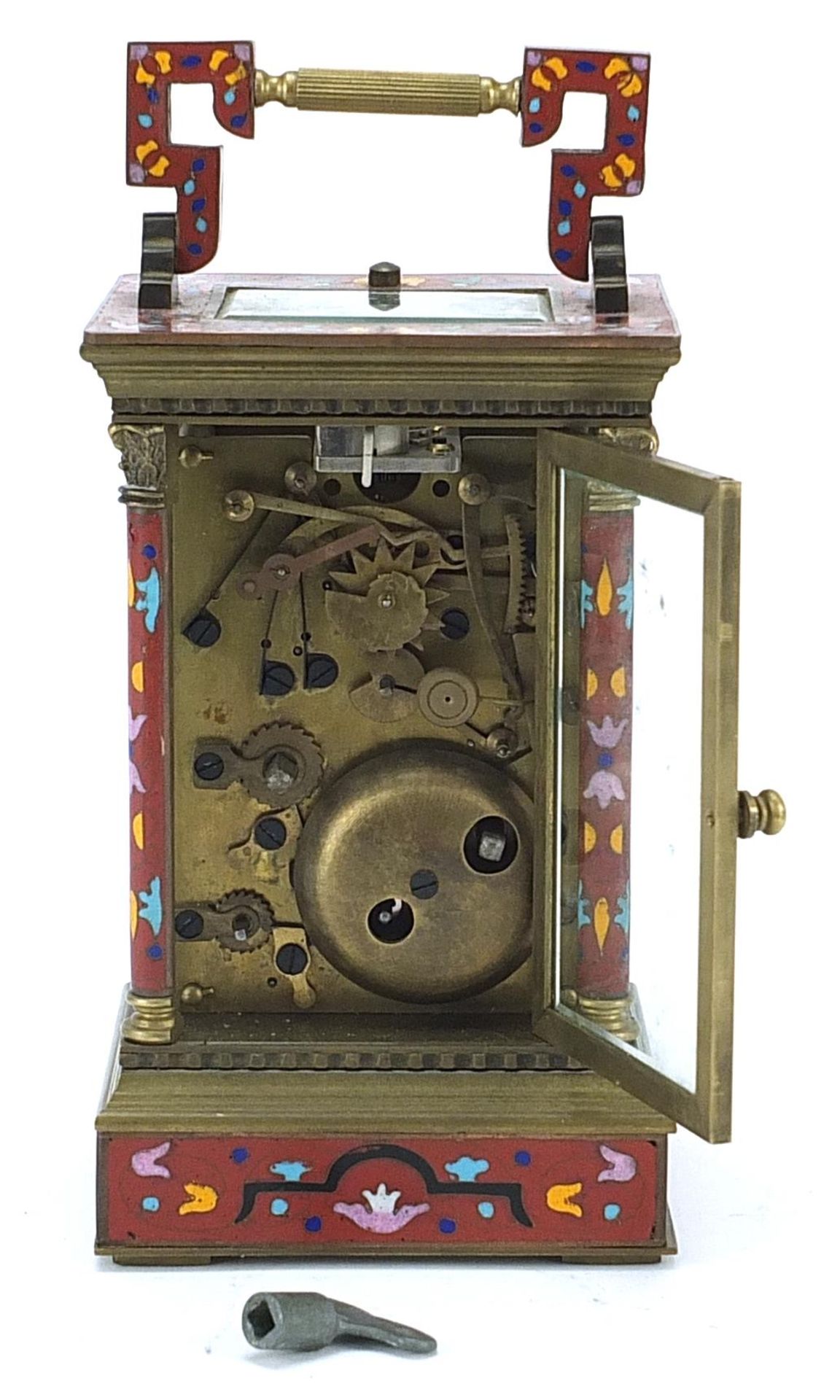 Champleve enamel brass repeating carriage clock with subsidiary dial, 16.5cm high - Image 3 of 4