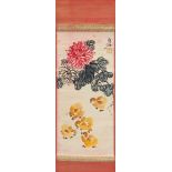 Attributed to Qi Baishi - Chrysanthemums and chicks, Chinese ink and watercolour scroll with