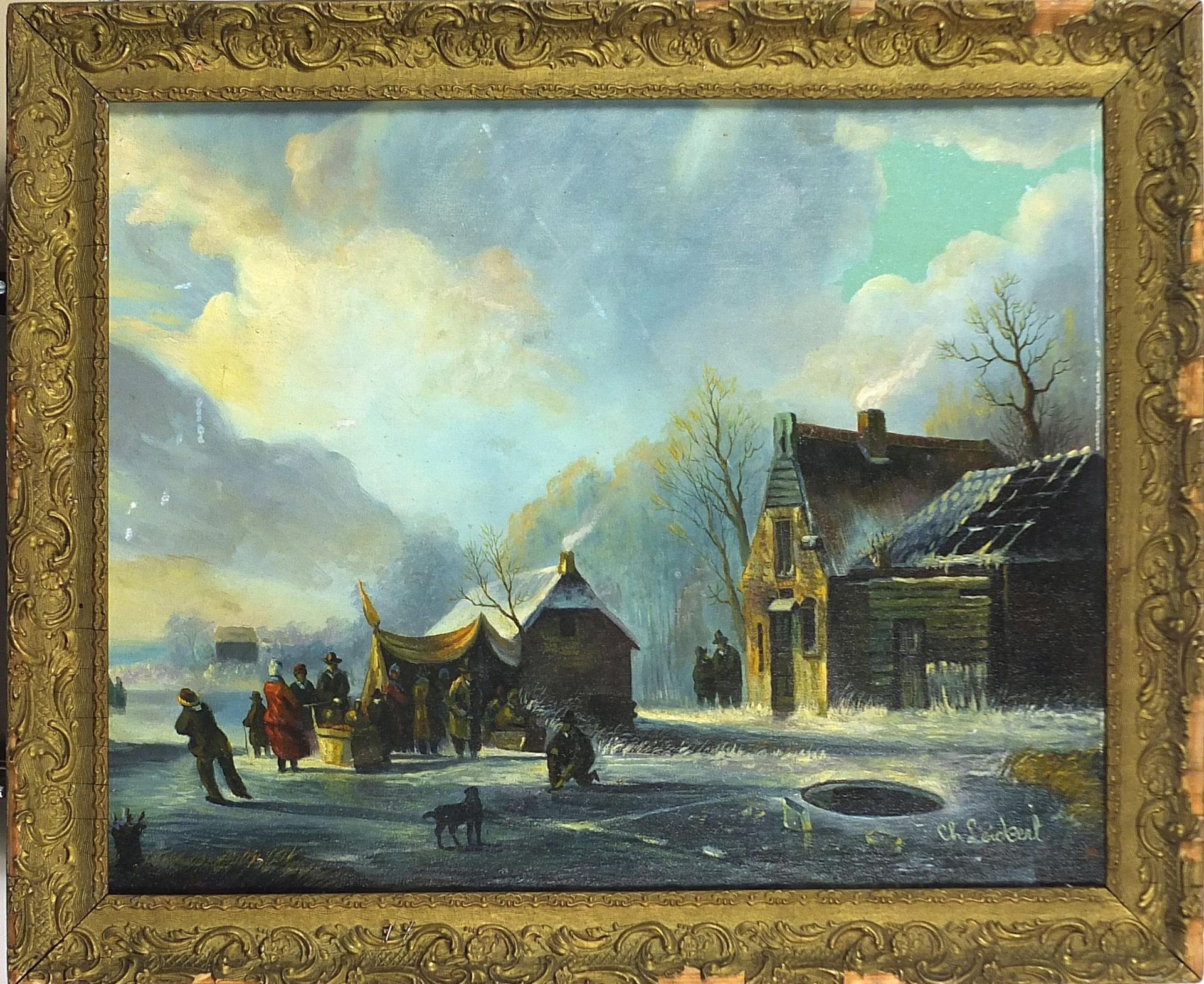 Winter landscape with figures before houses, Dutch school oil on board, mounted and framed, 48cm x - Image 2 of 4