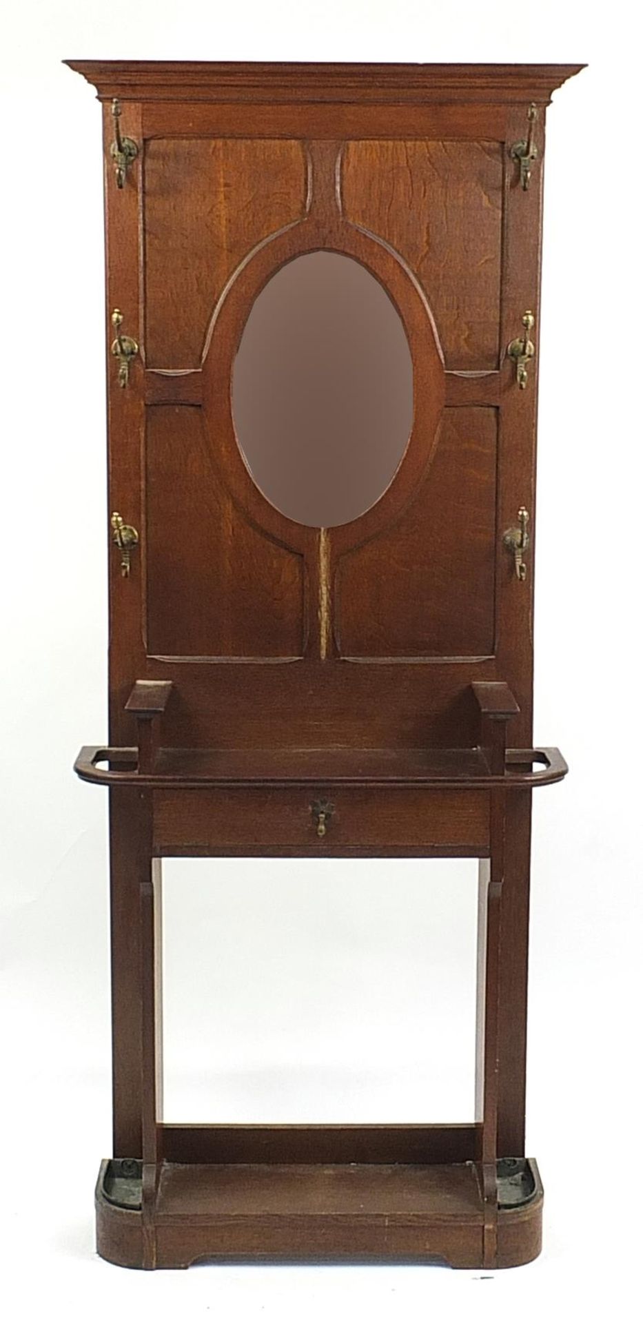 Oak hall stand with mirrored back and brass hooks, 198cm H x 84cm W x 23cm D