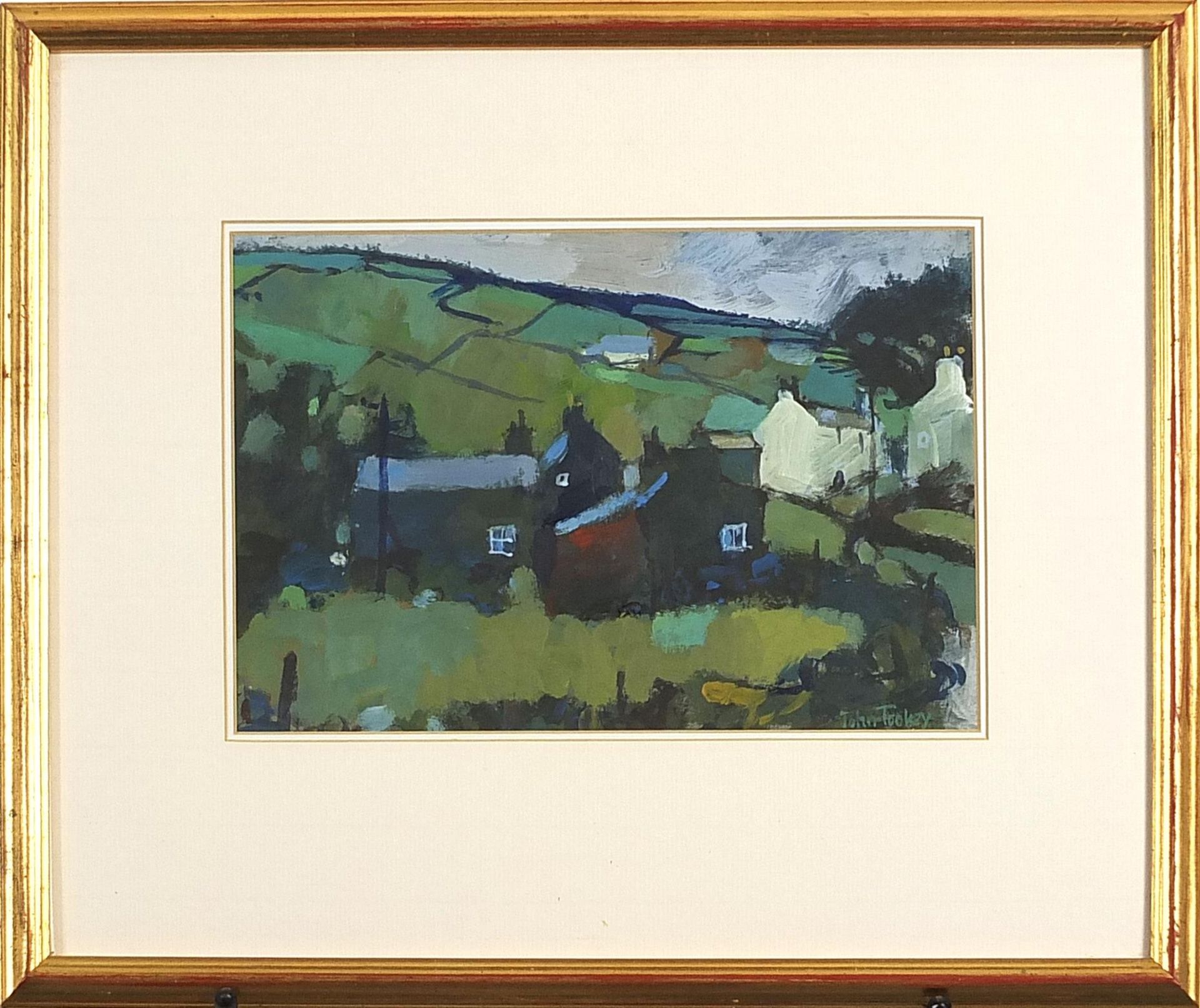 John Tookey - New Biggen, Teesdale, signed acrylic, At the Mall Galleries Exhibition label verso, - Image 2 of 5