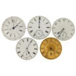 Five pocket watch movements including Frederick Lavender and James Hitchison, the largest 47mm in