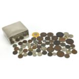 Silver plated cigarette box with selection of world coinage