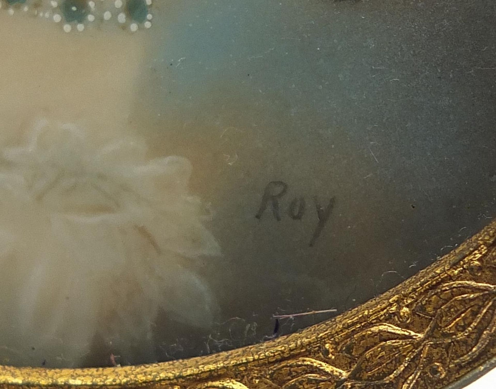 Pair of oval hand painted miniatures housed in jewelled brass frames, signed Roy and Reme, each - Image 4 of 9