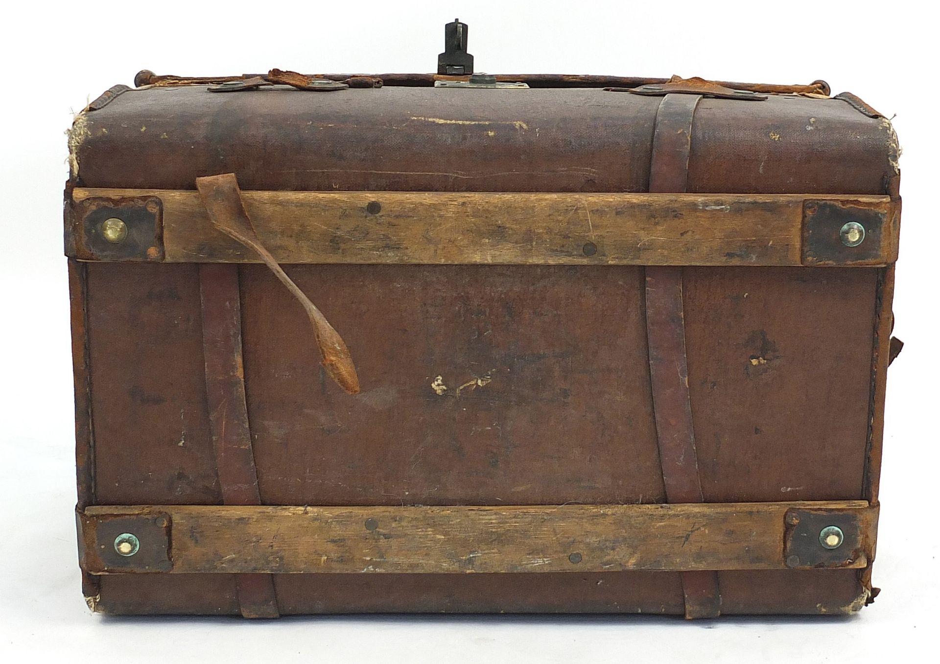 Drew & Sons, vintage brown leather trunk with remnants of shipping labels and initials A.C.W, 34.5c - Image 7 of 7