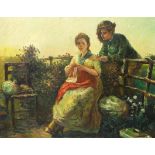 Two figures in a garden, oil on board, framed, 52.5cm x 42cm excluding the mount and frame