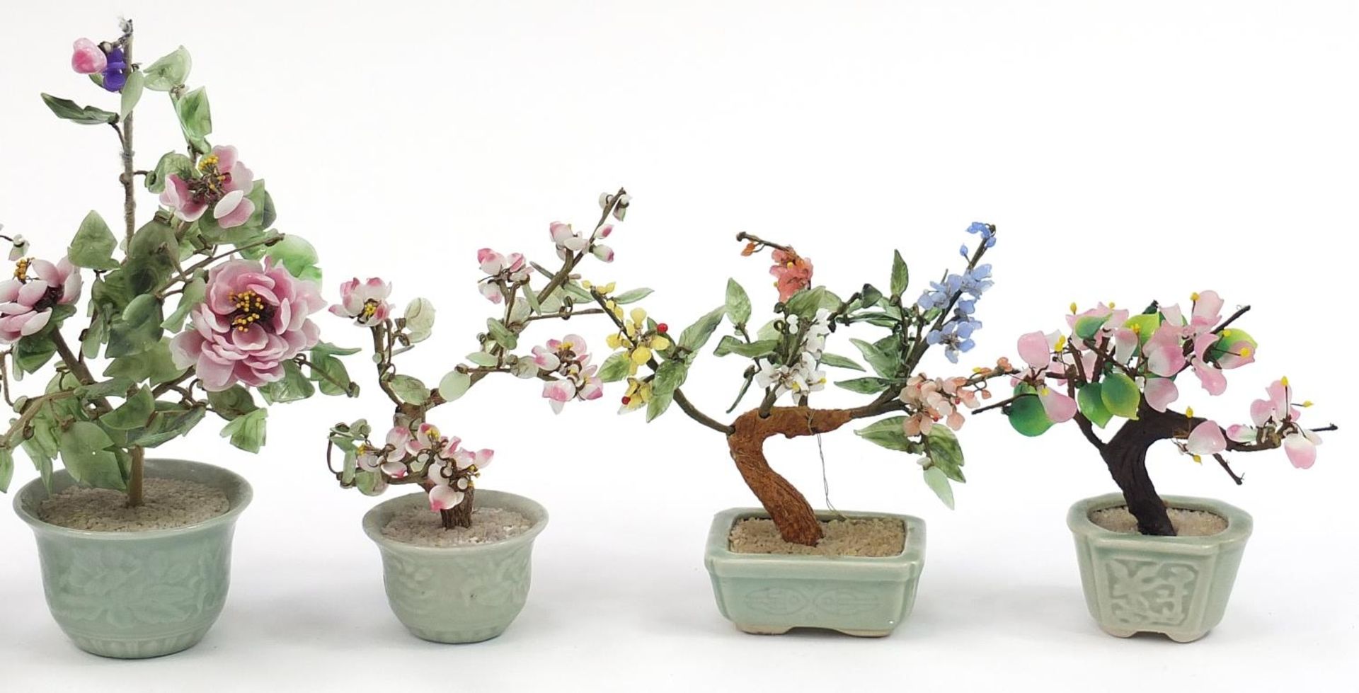 Seven Chinese hardstone bonsai trees with celadon glazed planters, the largest 28cm high - Image 3 of 3