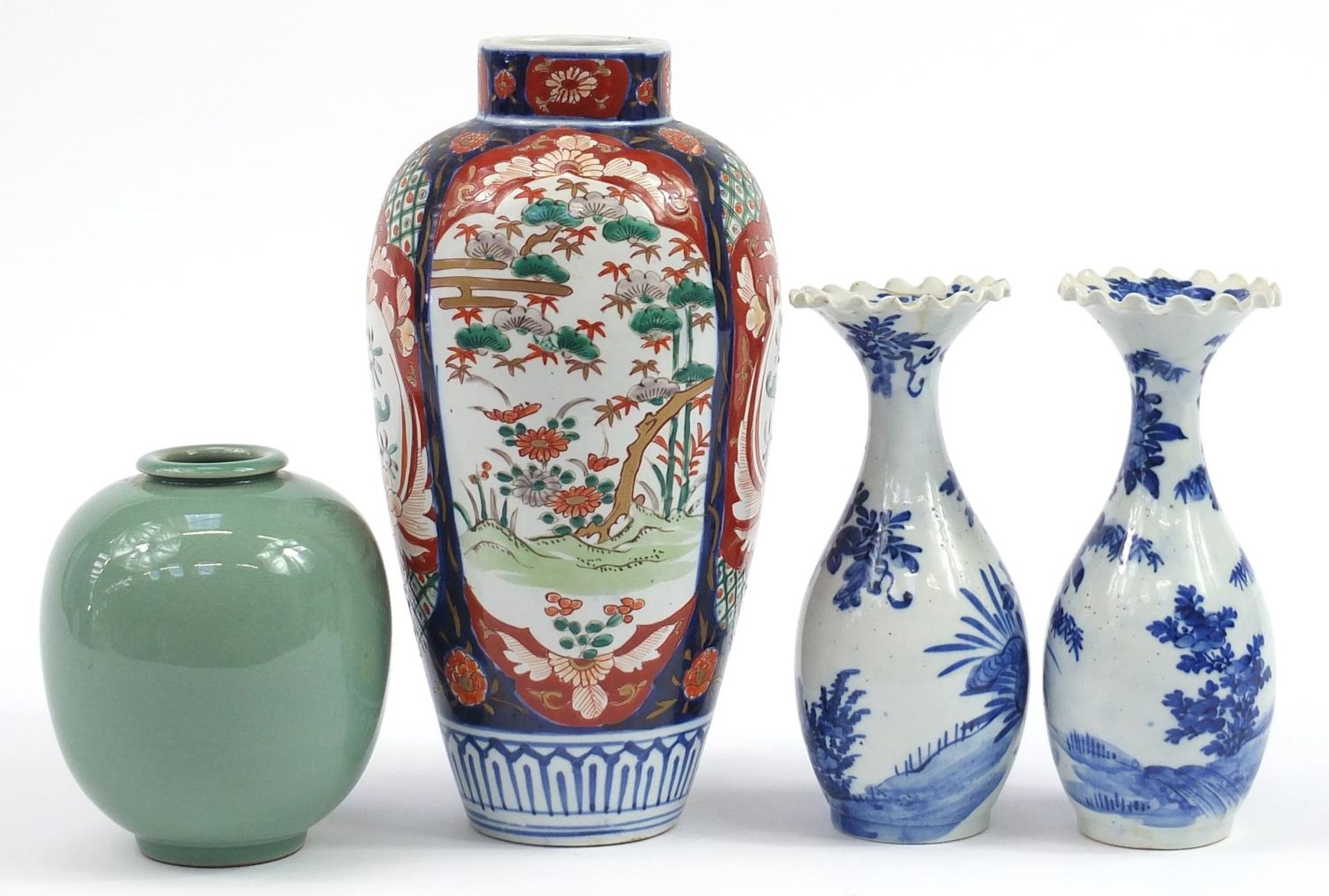 Oriental ceramics including a Japanese Imari vase and pair of Japanese Arita vases with frilled - Image 4 of 7