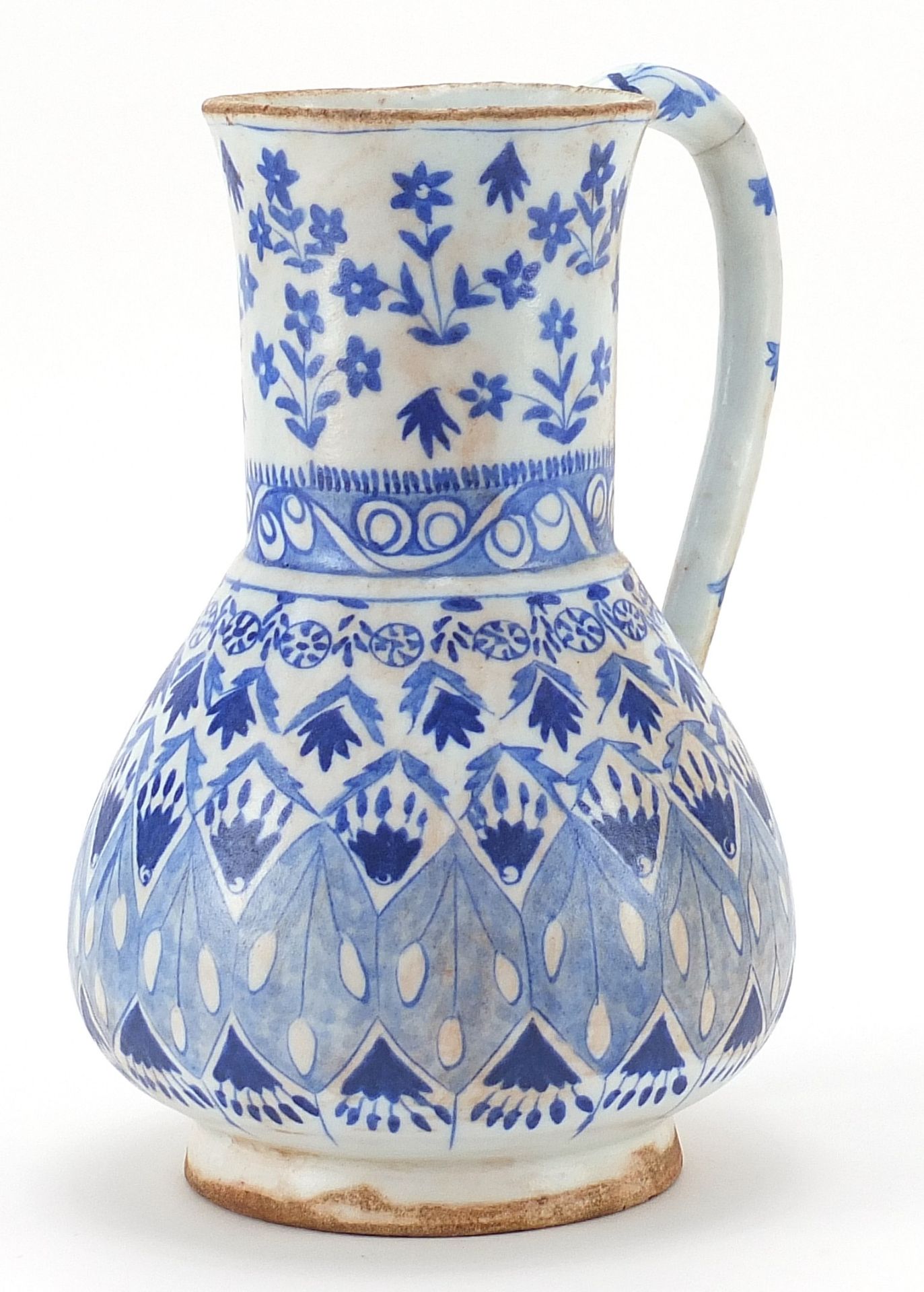 Turkish Kutahya pottery water jug hand painted with flowers, 23cm high