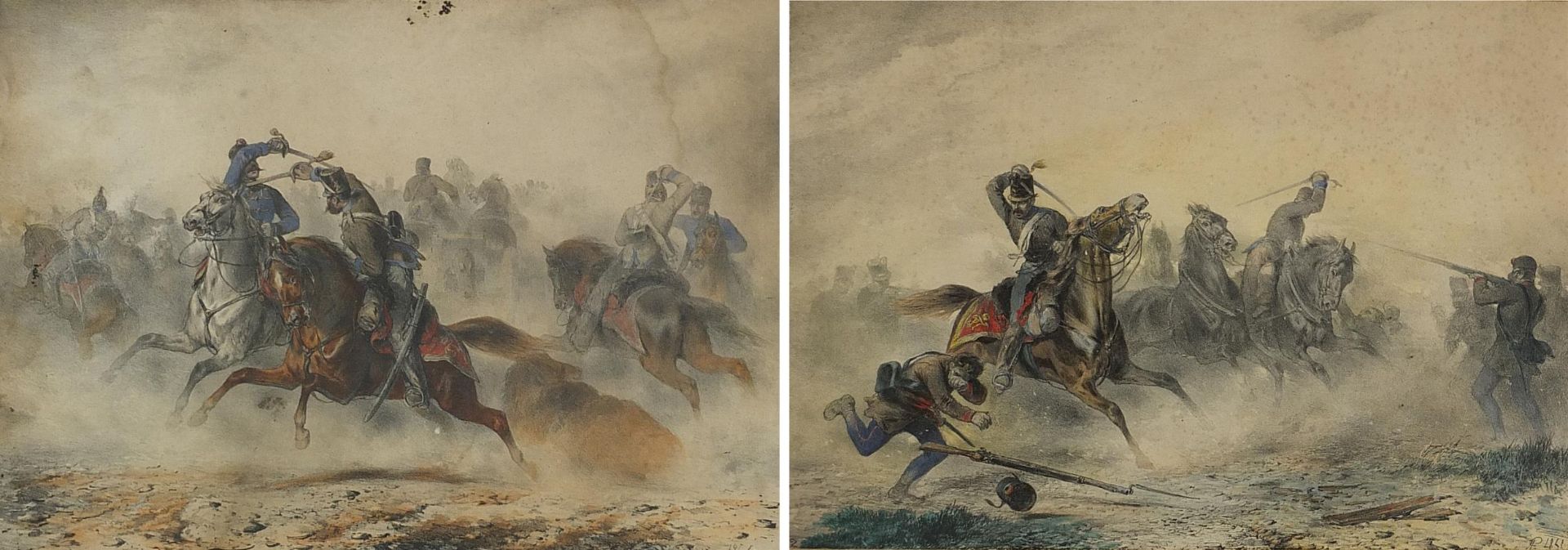 Battle scenes with figures on horseback, pair of German prints in colour, each with details verso,