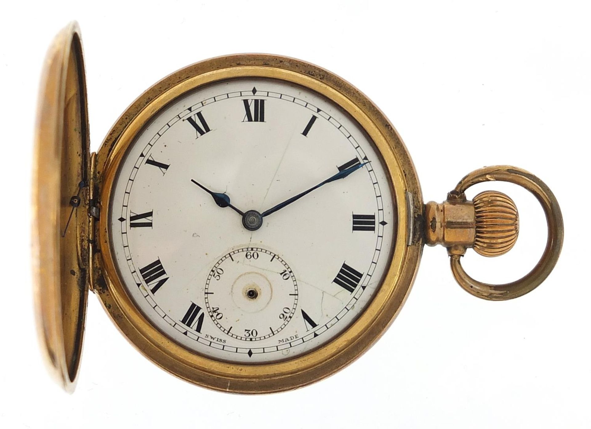 Gentlemen's gold plated half hunter pocket watch with enamel dial, 5.1cm in diameter, 100.7g - Image 2 of 6