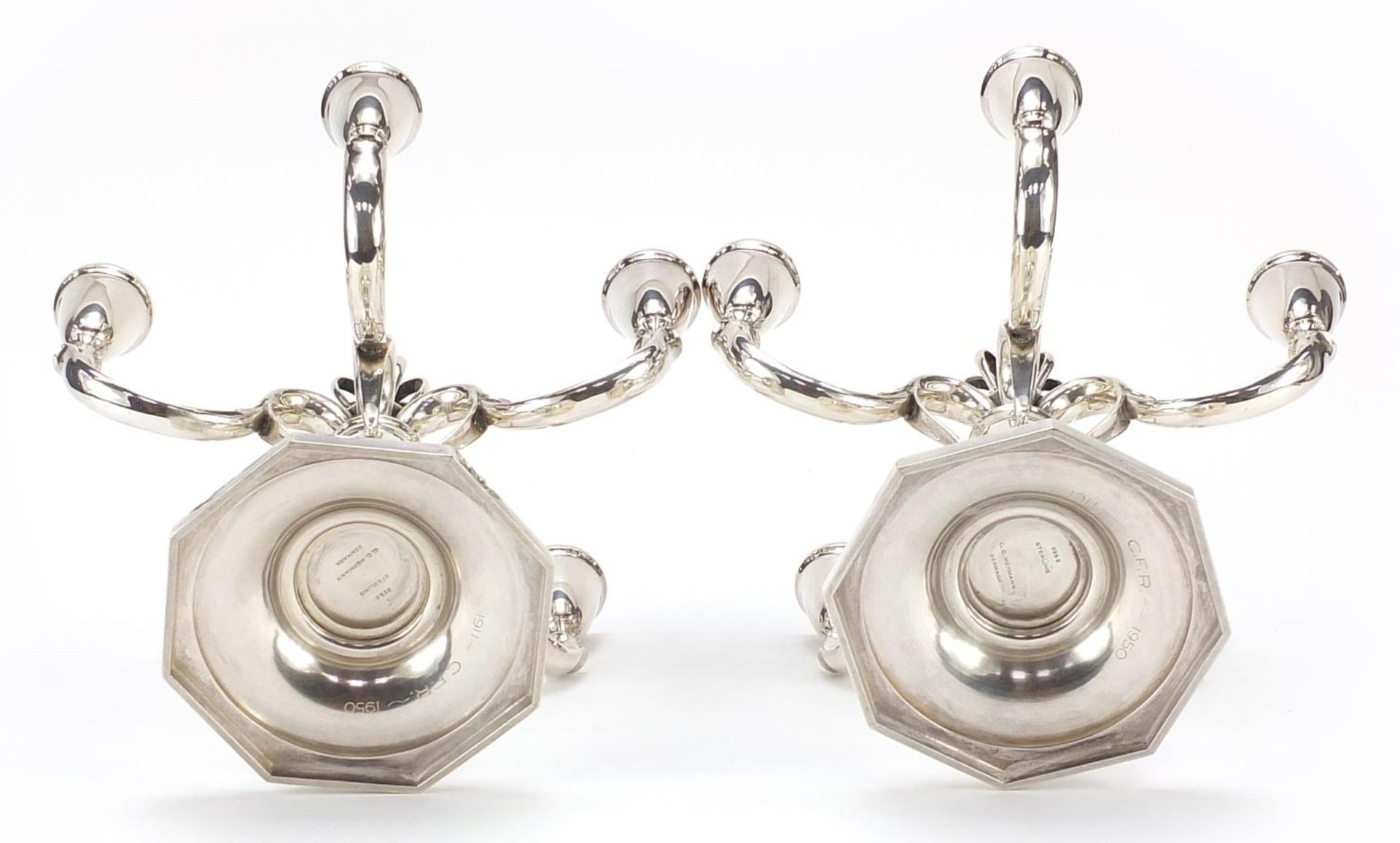 C C Hermann, pair of Danish 925S sterling silver five branch candelabras retailed by Long's - Image 3 of 5