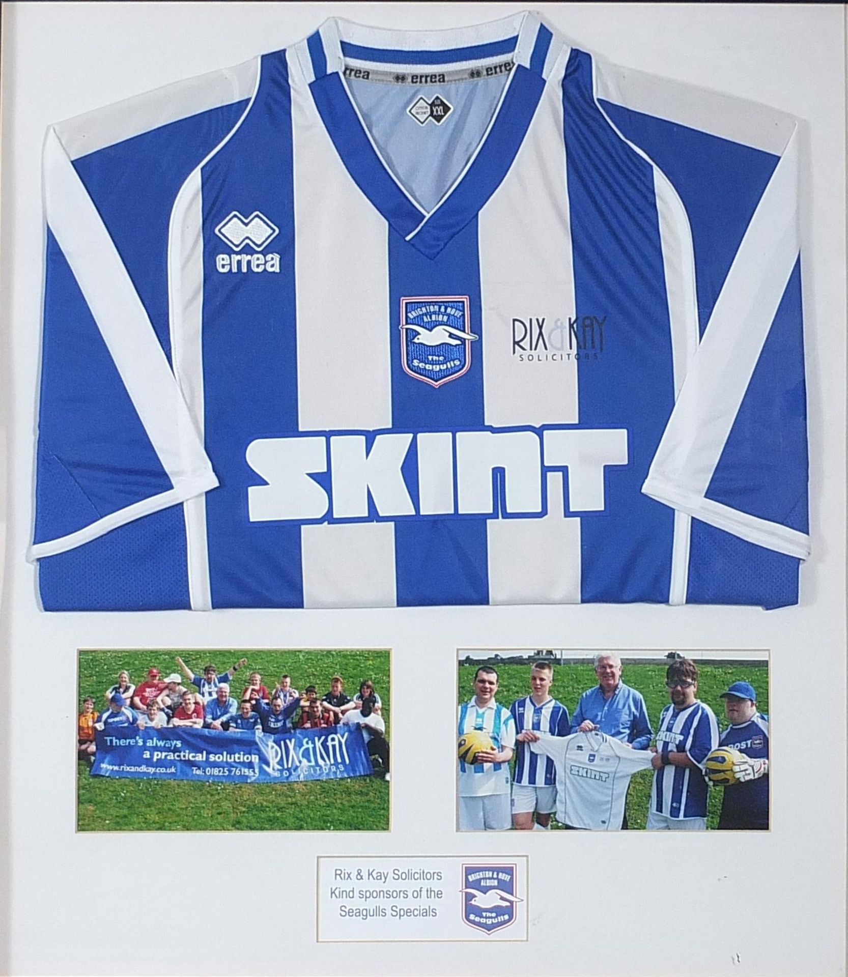 Brighton & Hove football shirt framed display, overall 75cm x 66cm