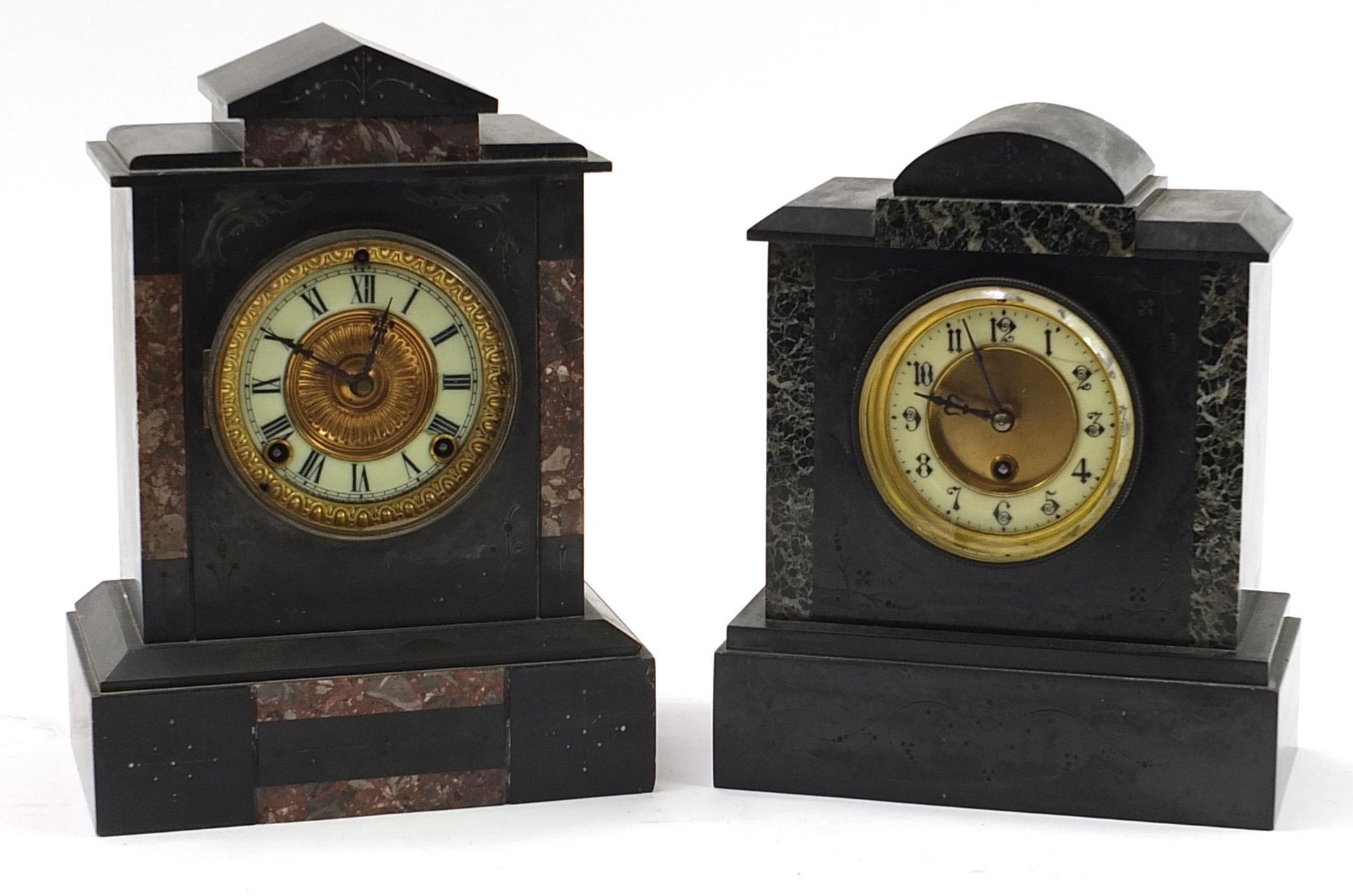 Two Victorian black slate and marble mantle clocks, the largest 32cm high
