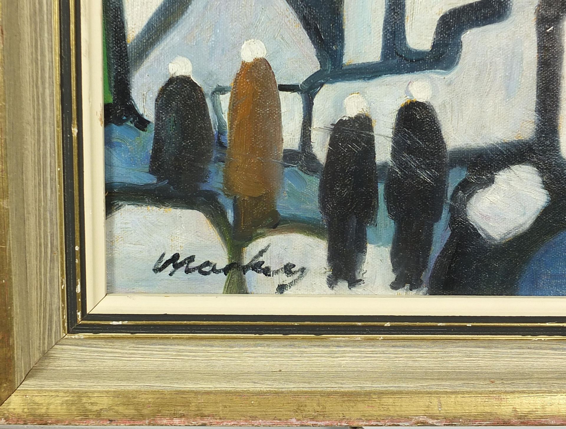 Manner of Markey Robinson - Cottages before water and boats, Irish school oil on board, mounted - Image 3 of 4