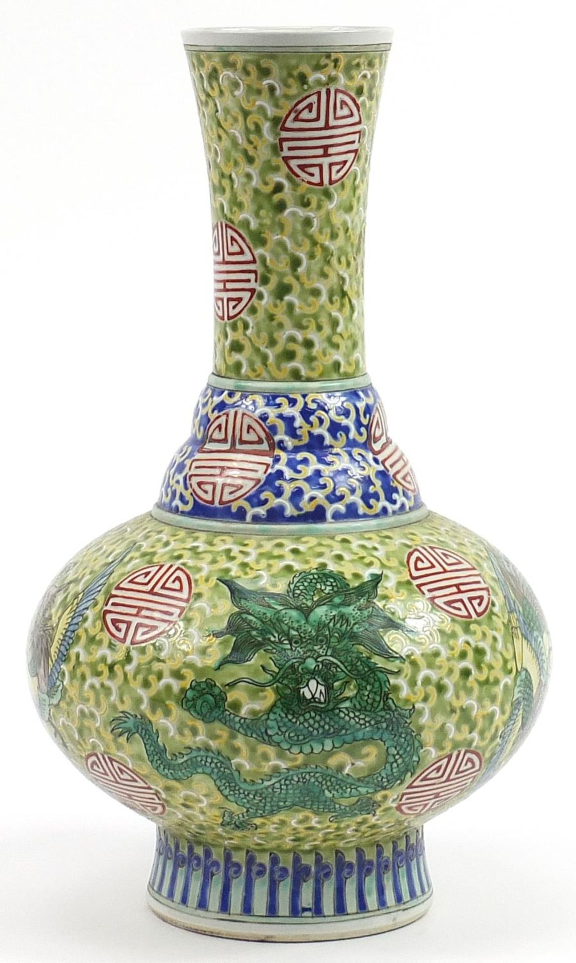 Chinese porcelain green ground vase hand painted with dragons amongst clouds, six figure character