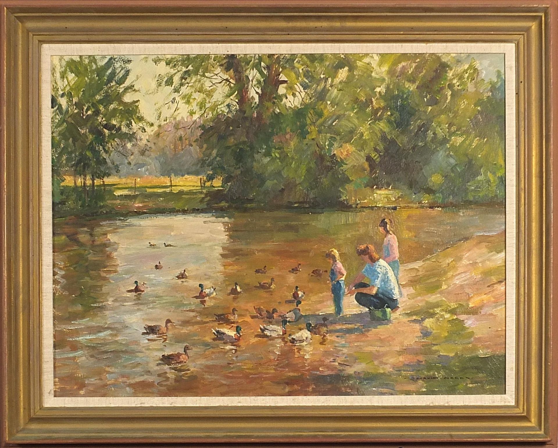 David Green - Feeding the ducks, oil on board, At the Mall Galleries Exhibition label verso, mounted - Image 2 of 4