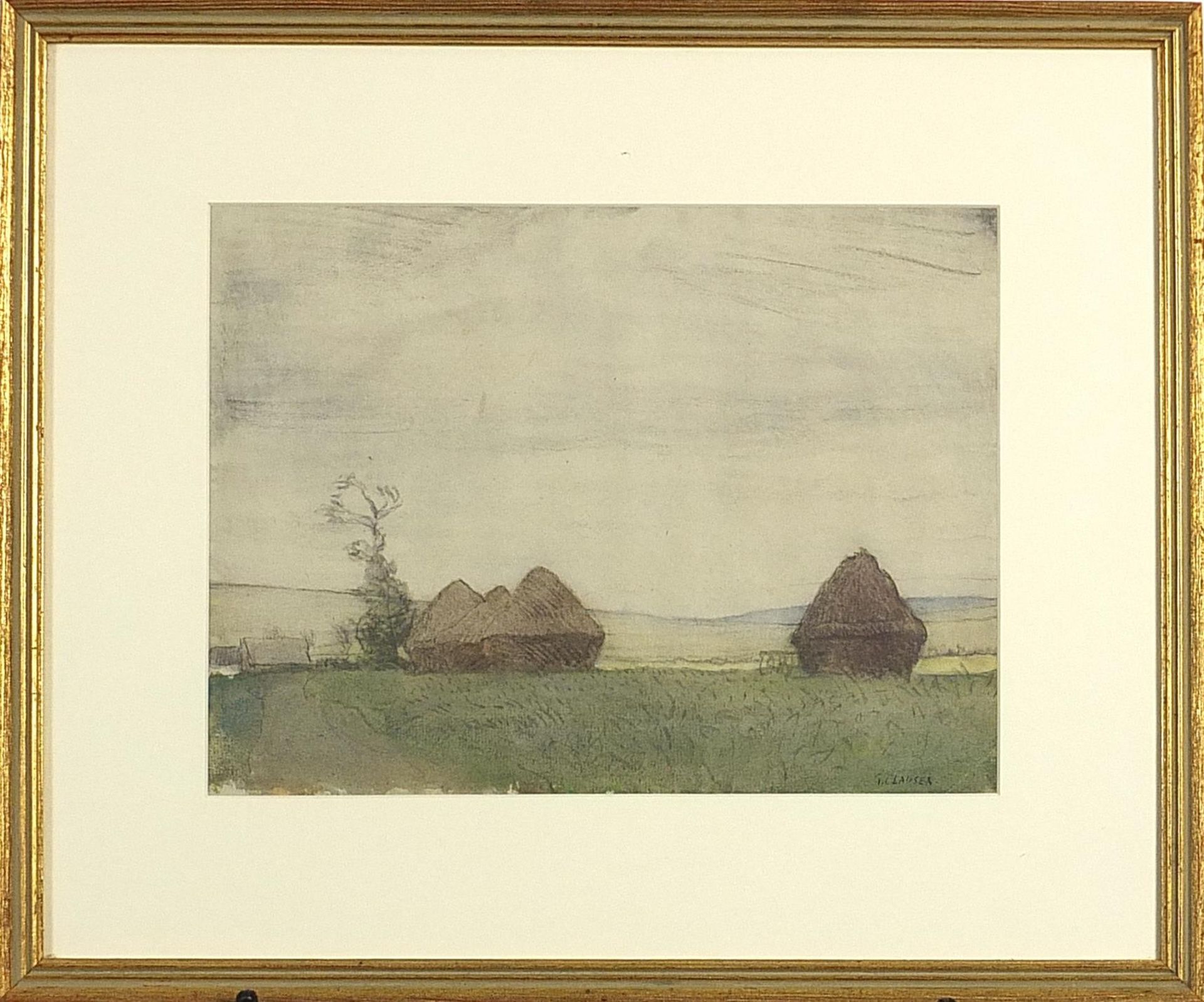 George Clausen - Hayricks in a field, signed watercolour, Philadelphia stamp verso, mounted, - Image 2 of 4